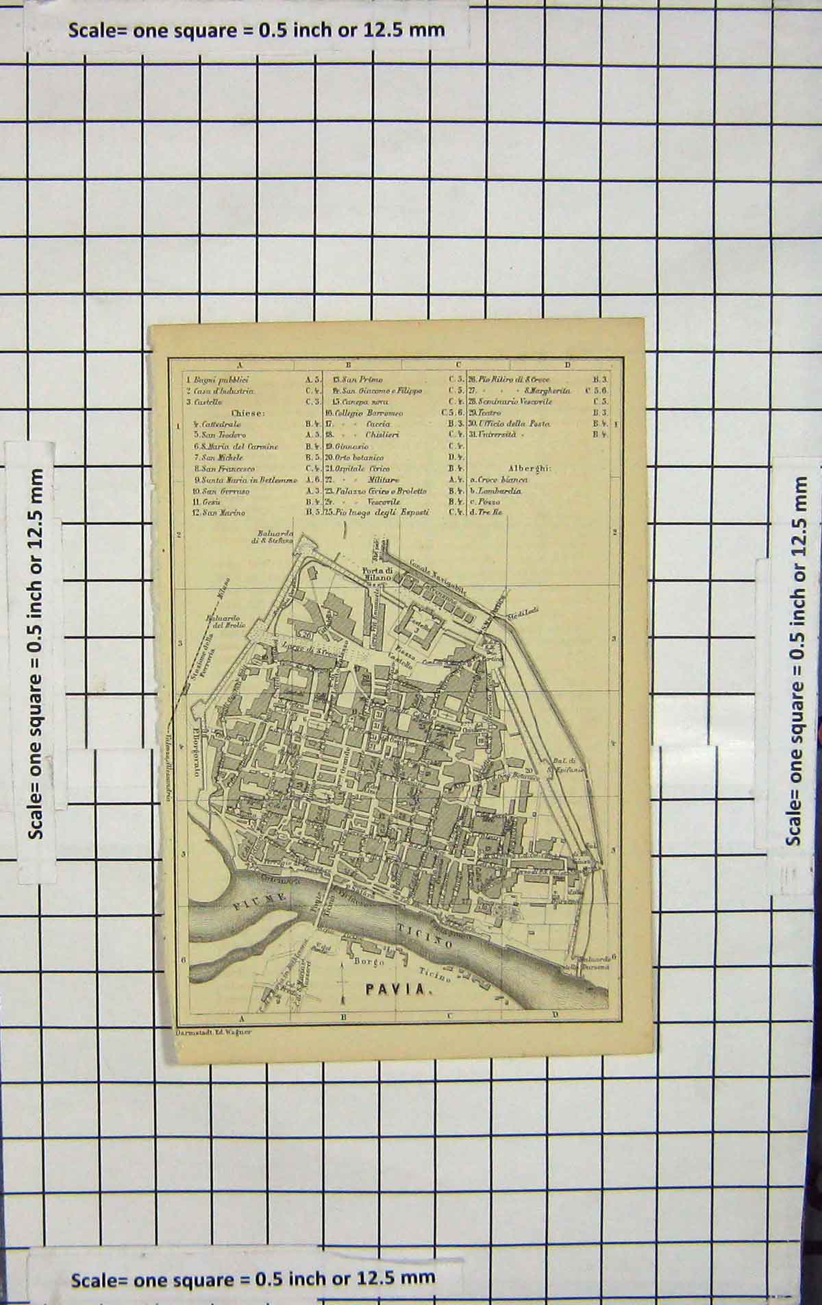 Original Old Antique Print Map Italy Street Plan Pavia Fiume Ticino River