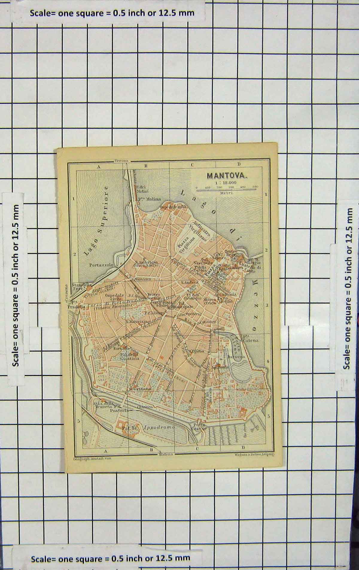 Original Old Antique Print *120 Map Italy Street Plan Mantova Lago Superiore