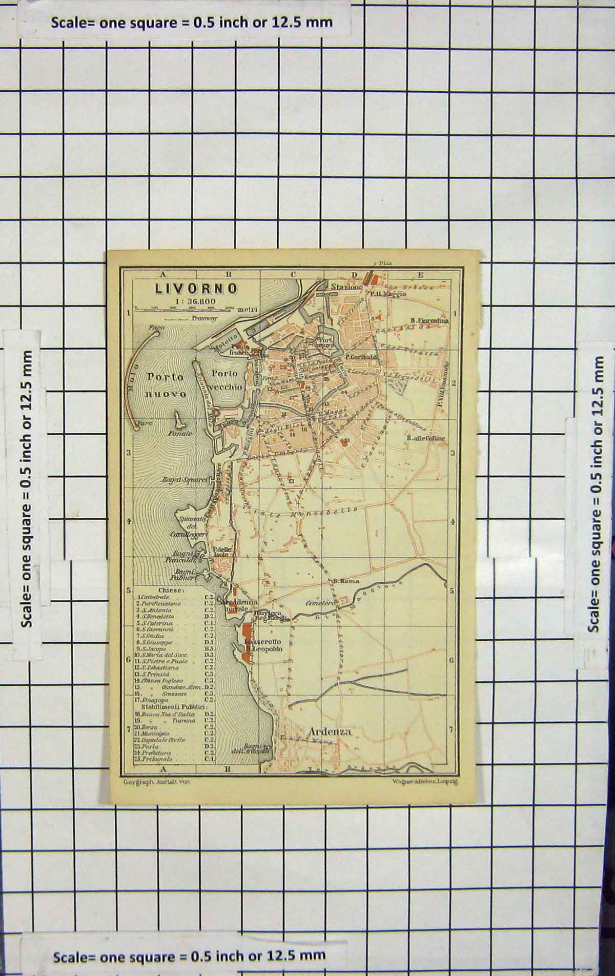 Original Old Antique Print *121 Map Italy Street Plan Livorno Porto Nuovo