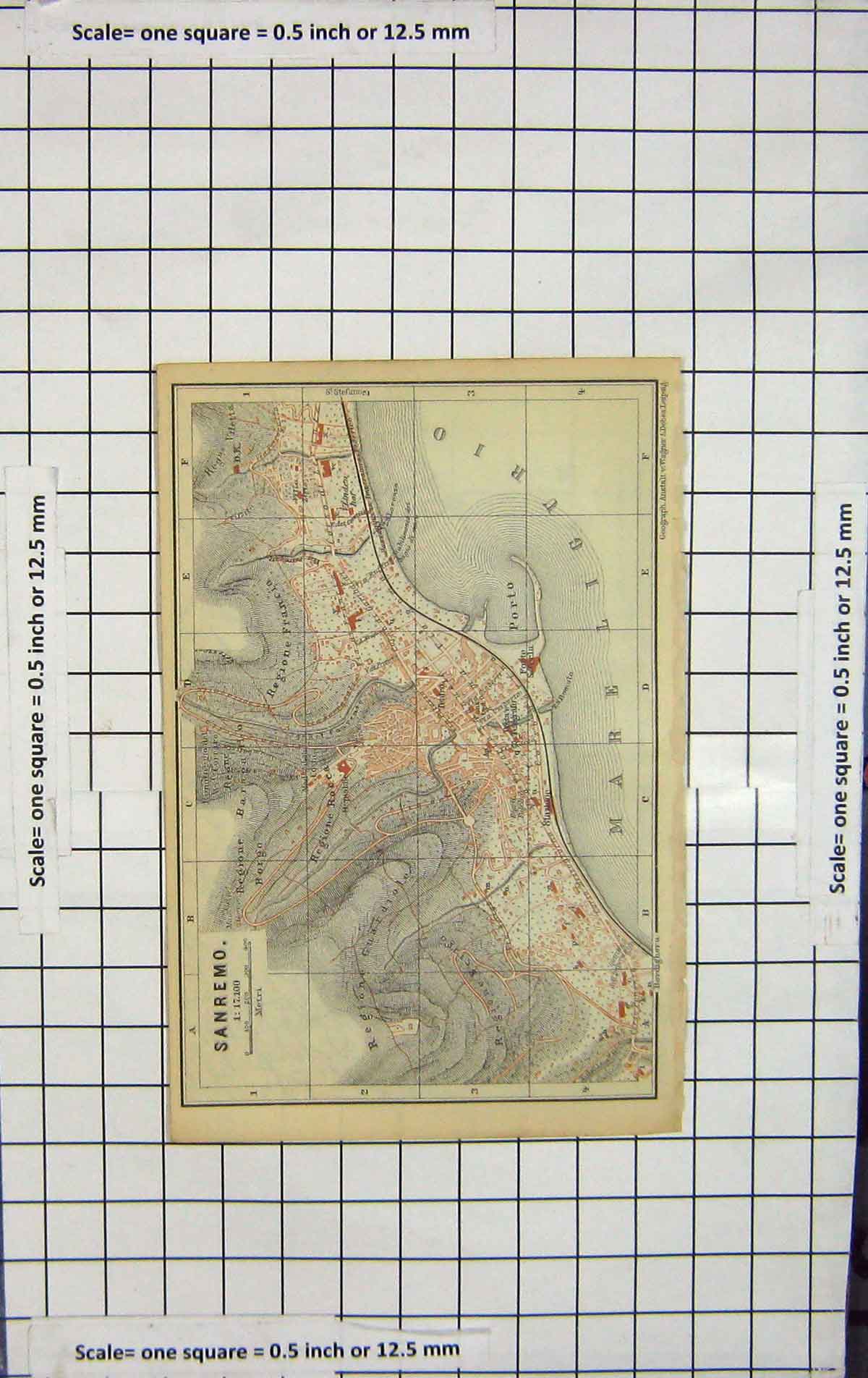 Original Old Antique Print Map Italy Plan Sanremo Porto Mare Ligurio