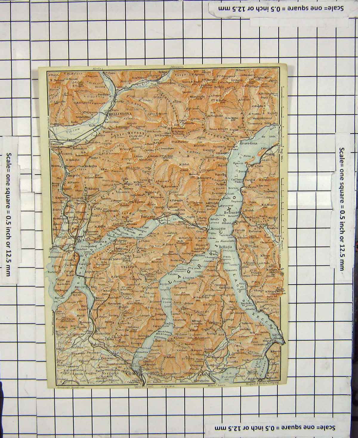 Original Old Antique Print Map Italy Lago Como Lecco Bellinzona Lugano