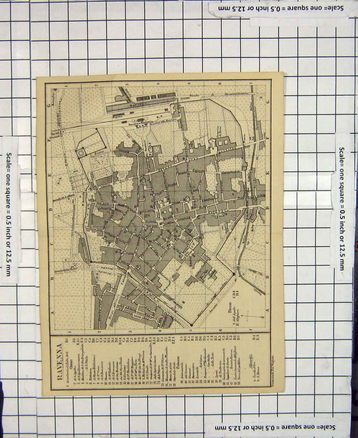 Original Old Antique Print Map Italy Street Plan Ravenna Piazza