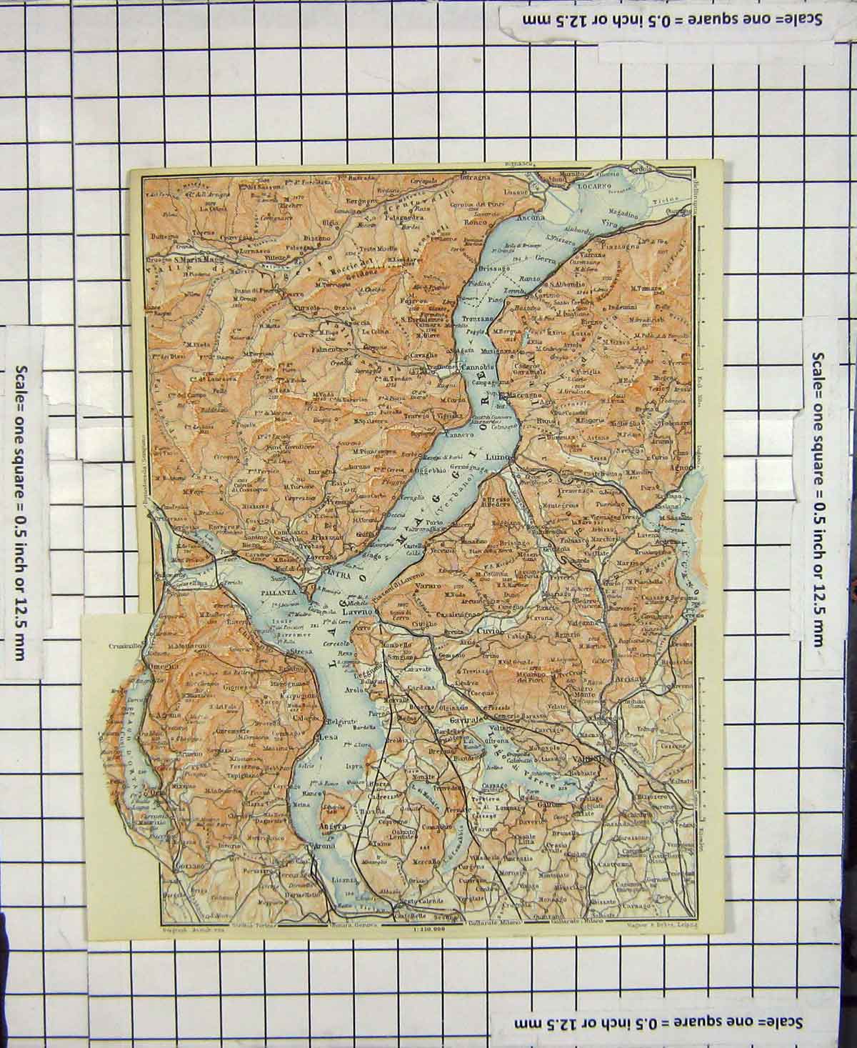 Original Old Antique Print Map Italy Intra Arona Maggiore Varese Angera