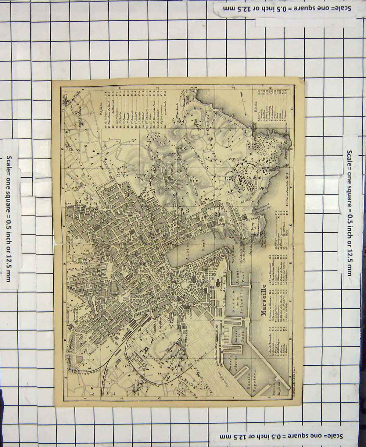 Original Old Antique Print Map Italy Street Plan Marseille France Bassin 19th