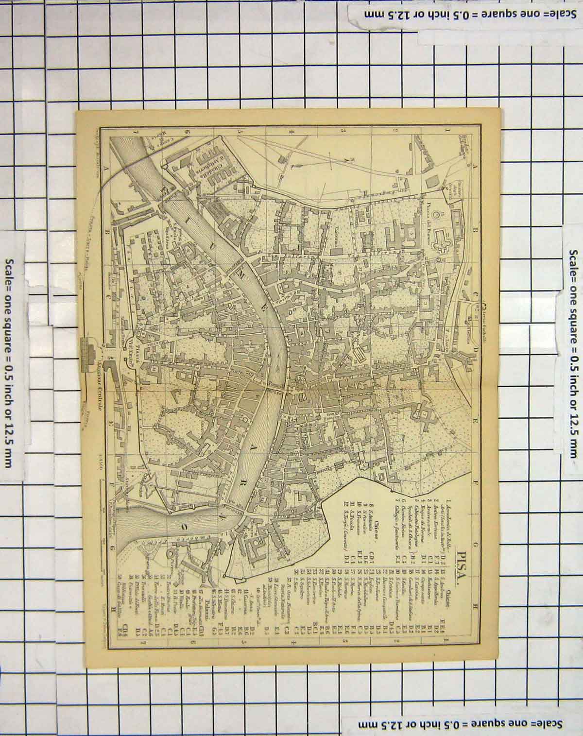 Original Old Antique Print *122 Map Italy Street Plan Pisa Fiume Arno River