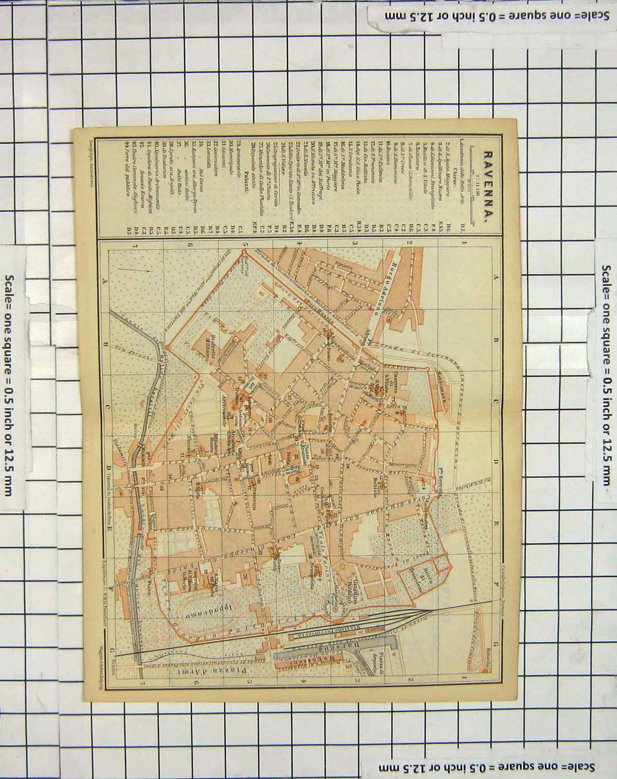 Original Old Antique Print Map Italy Street Plan Ravenna Piazza D'Armi 19th