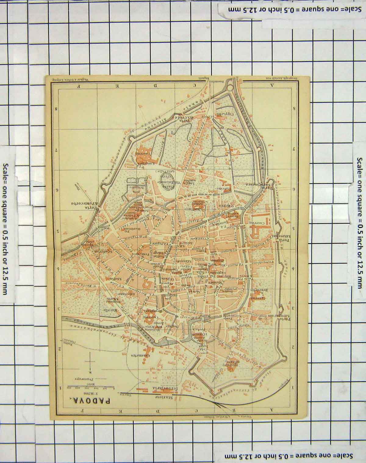 Original Old Antique Print Map Italy Street Plan Padova Piazza River Victorian