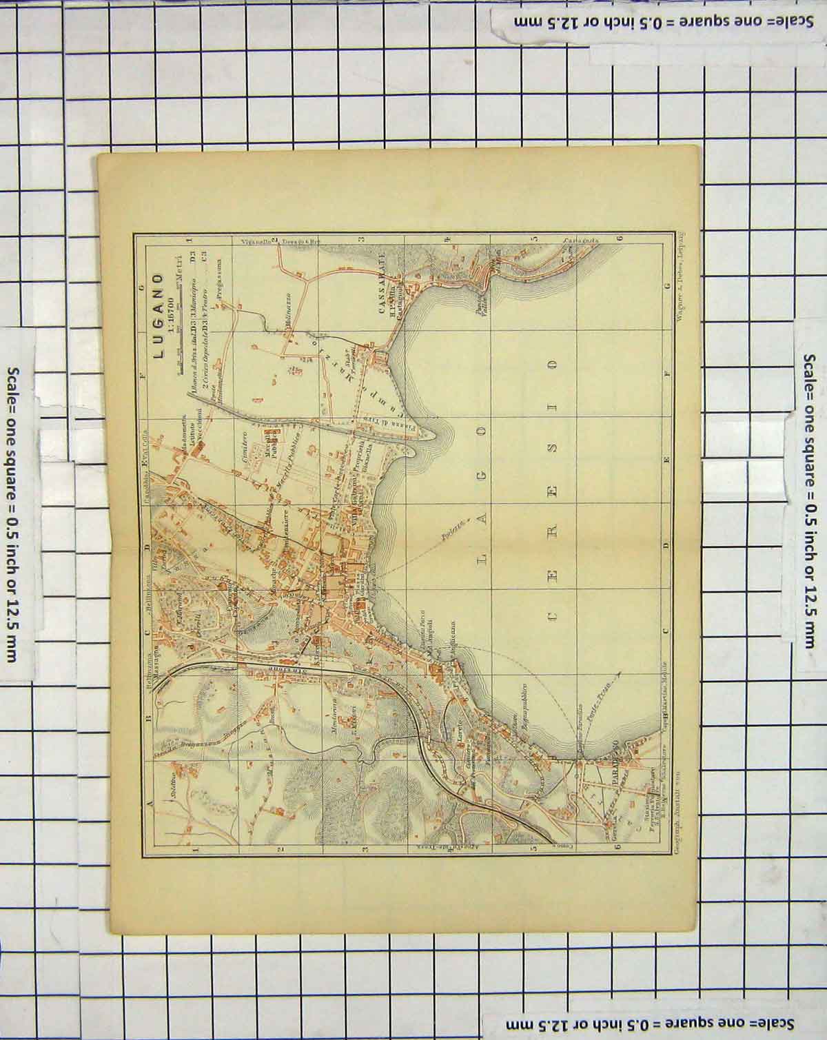 Original Old Antique Print Map Italy Street Plan Lugano Cassarate Ceresio 20th