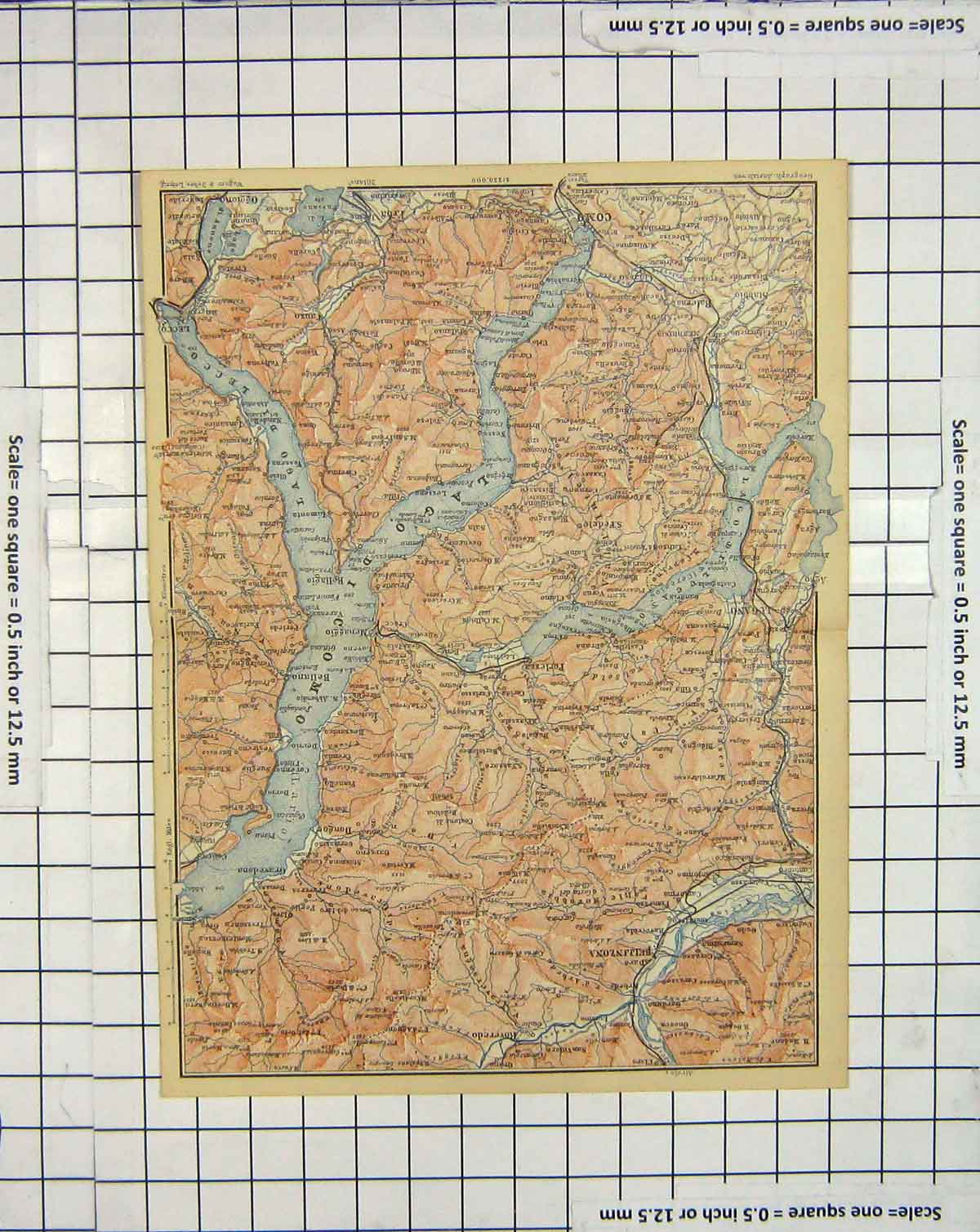 Original Old Antique Print Map Italy Lago Como Lecco Lugano Bellinzona 20th