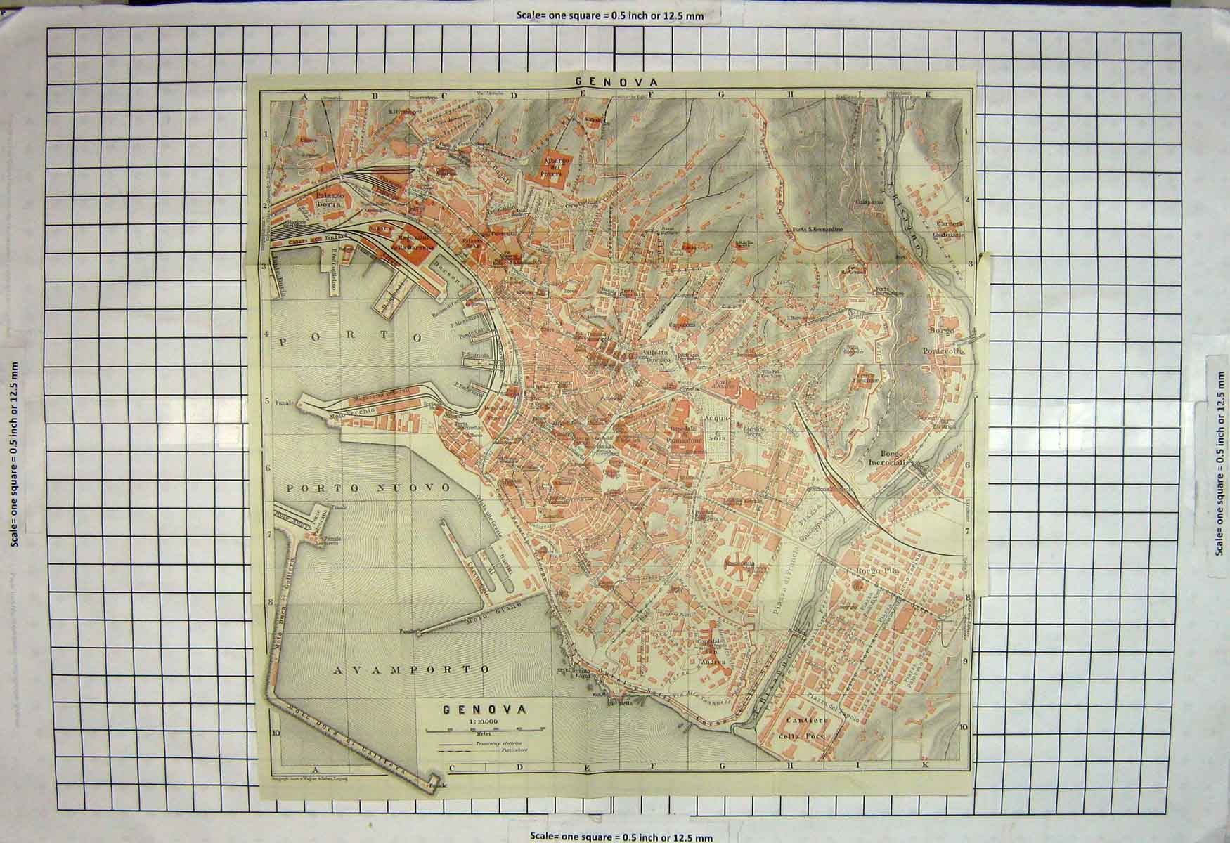 Original Old Antique Print Map Italy Street Plan Genova Porto Nuovo Borgo 20th