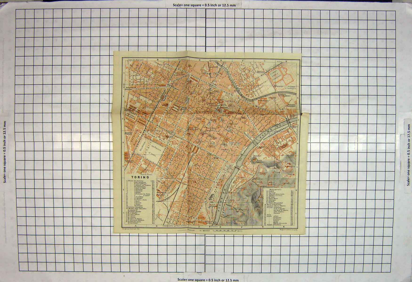 Original Old Antique Print Map Italy Street Plan Torino Stadium River Po 20th