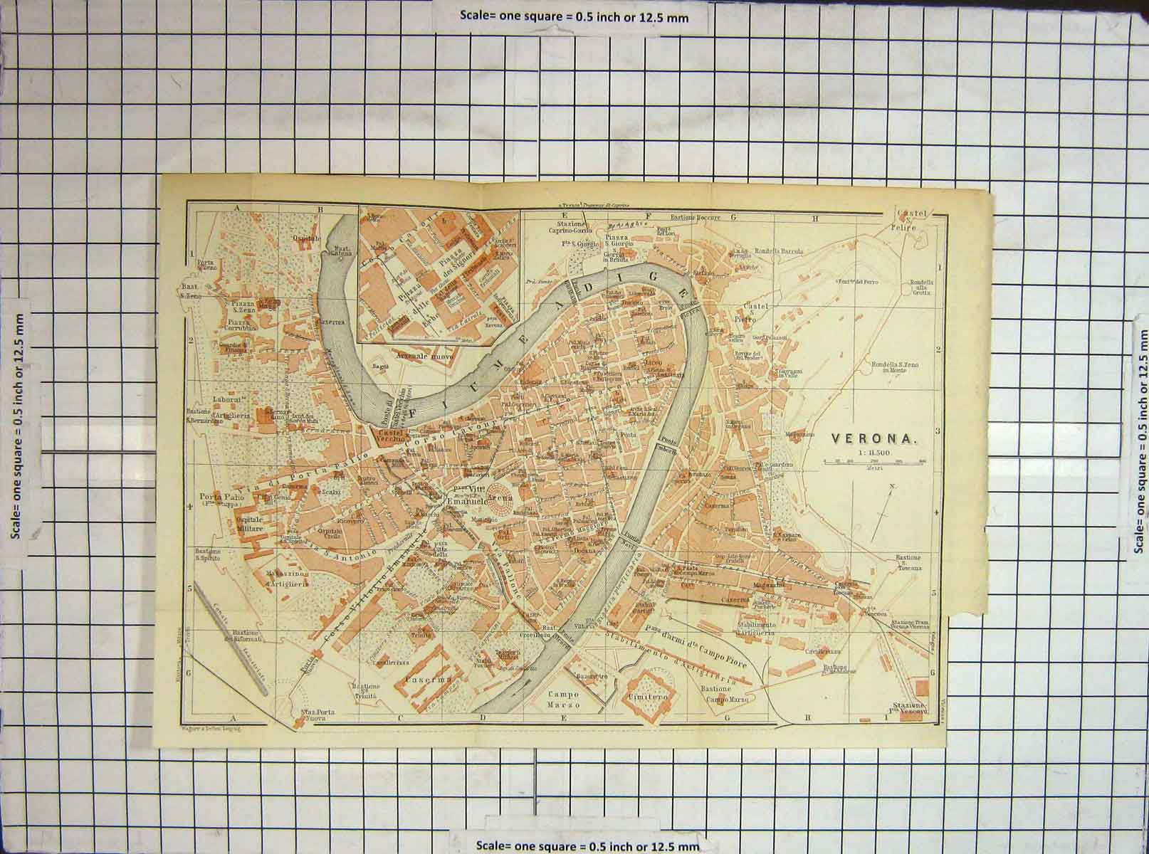 Original Old Antique Print Map Italy Street Plan Verona Fiume Adige River
