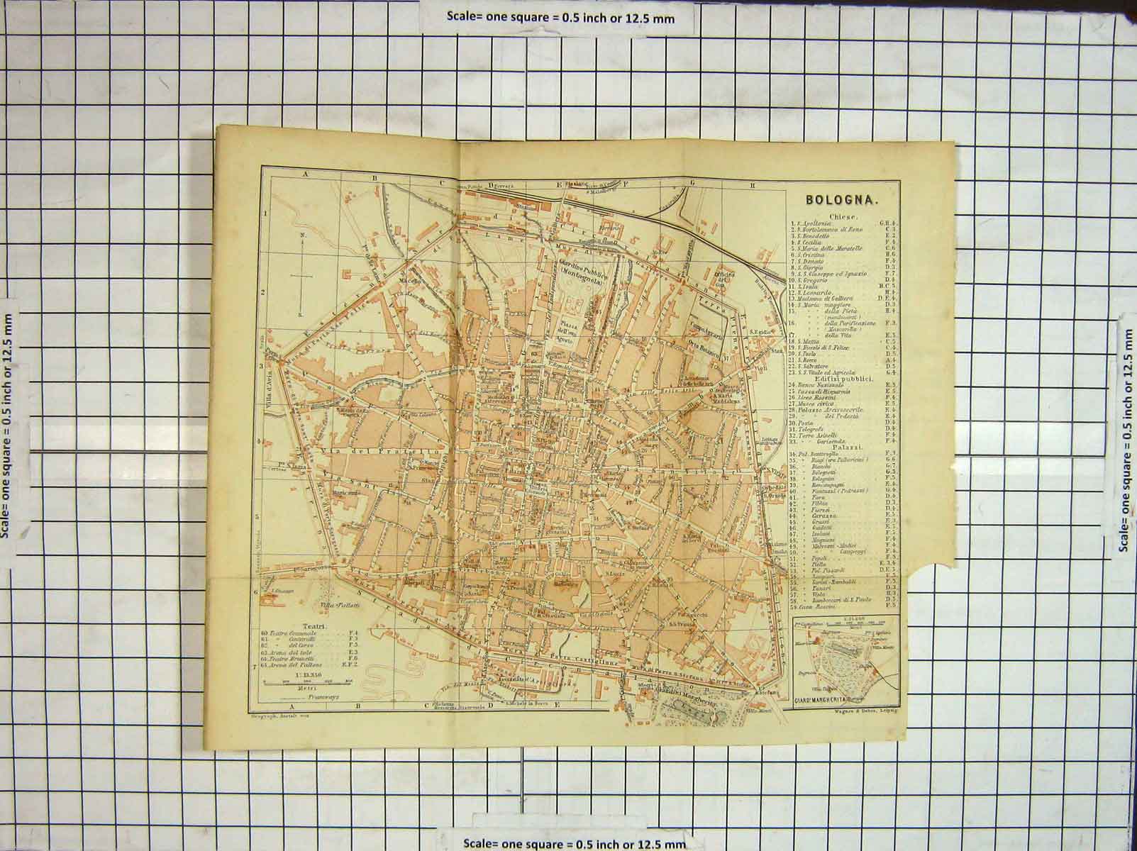 Original Old Antique Print *3665 Map Italy Street Plan Bologna Giard Margherita