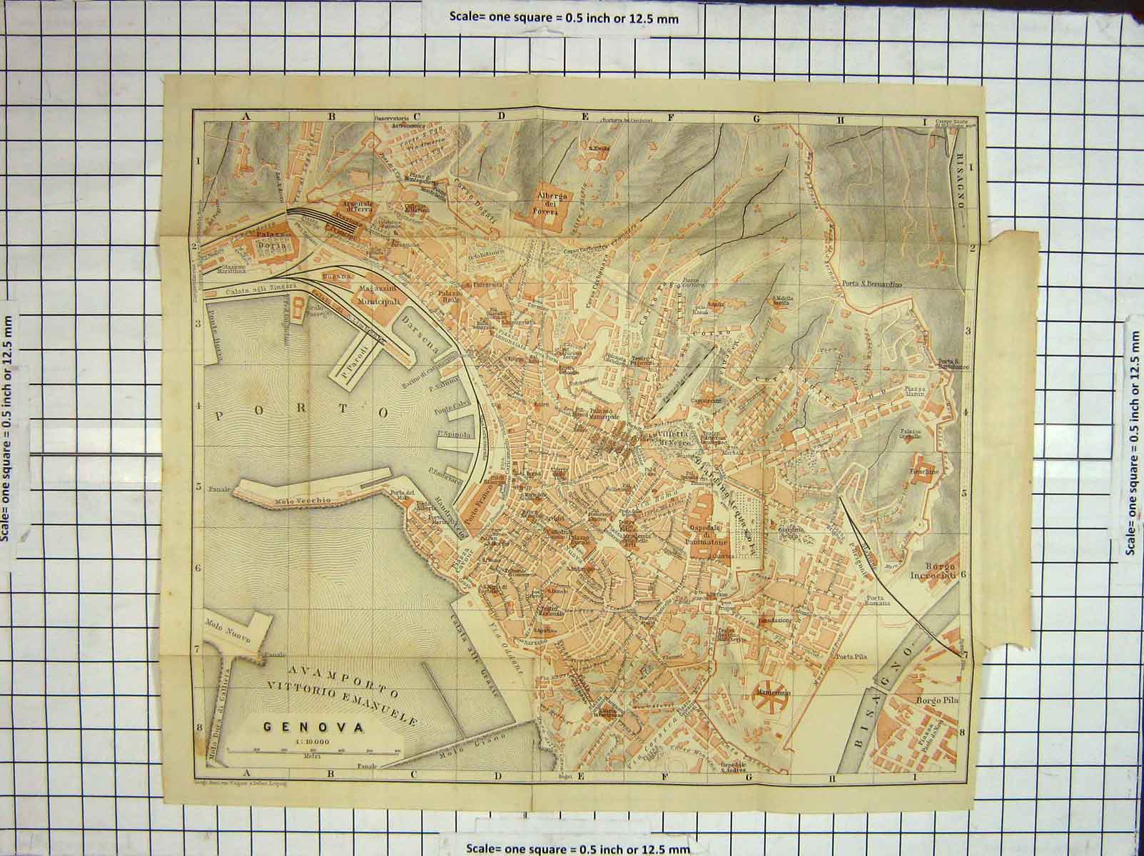 Original Old Antique Print Map Italy Street Plan Genova Bisagno Porto