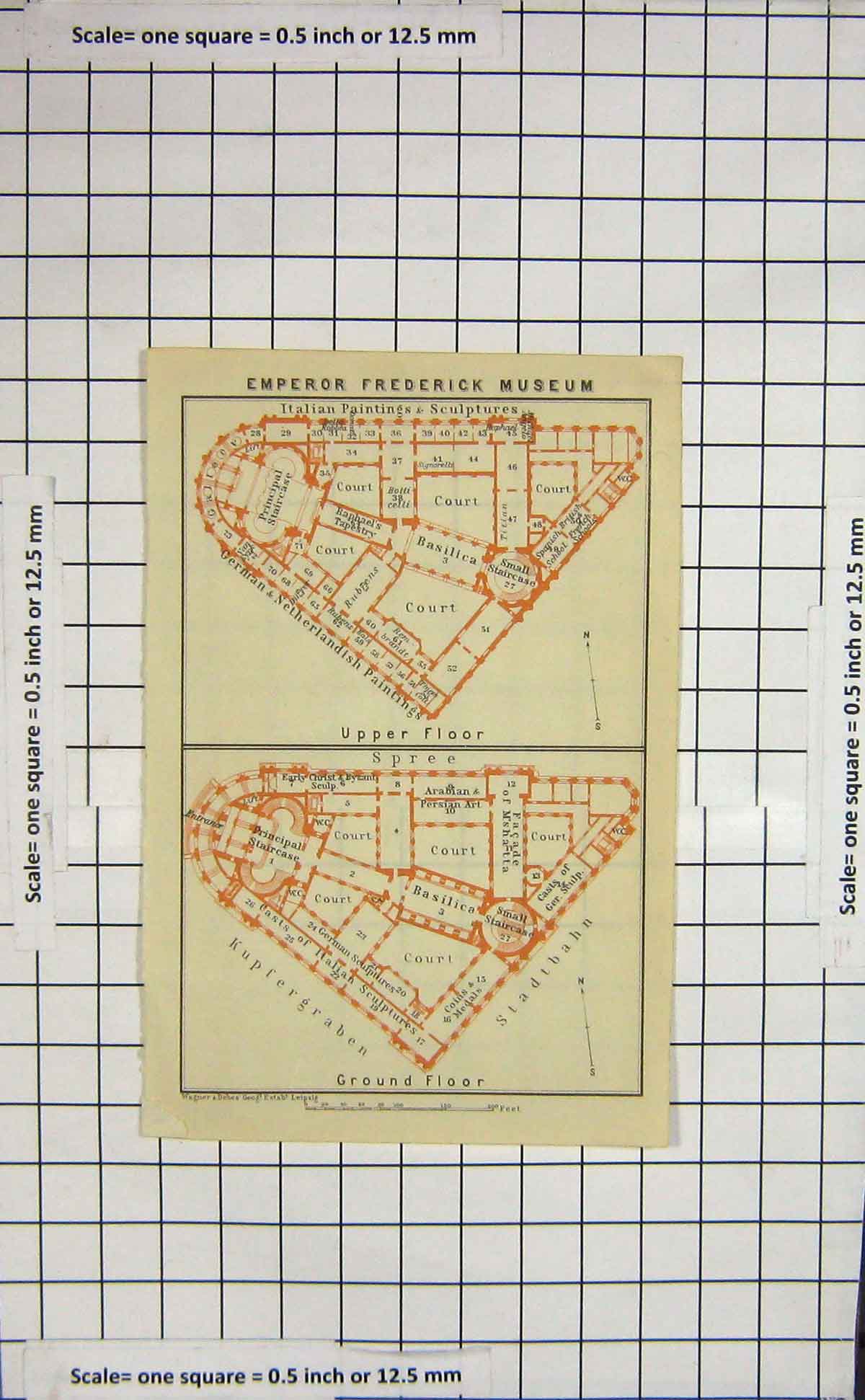 Original Old Antique Print Map Germany Emperor Frederick Museum Plan