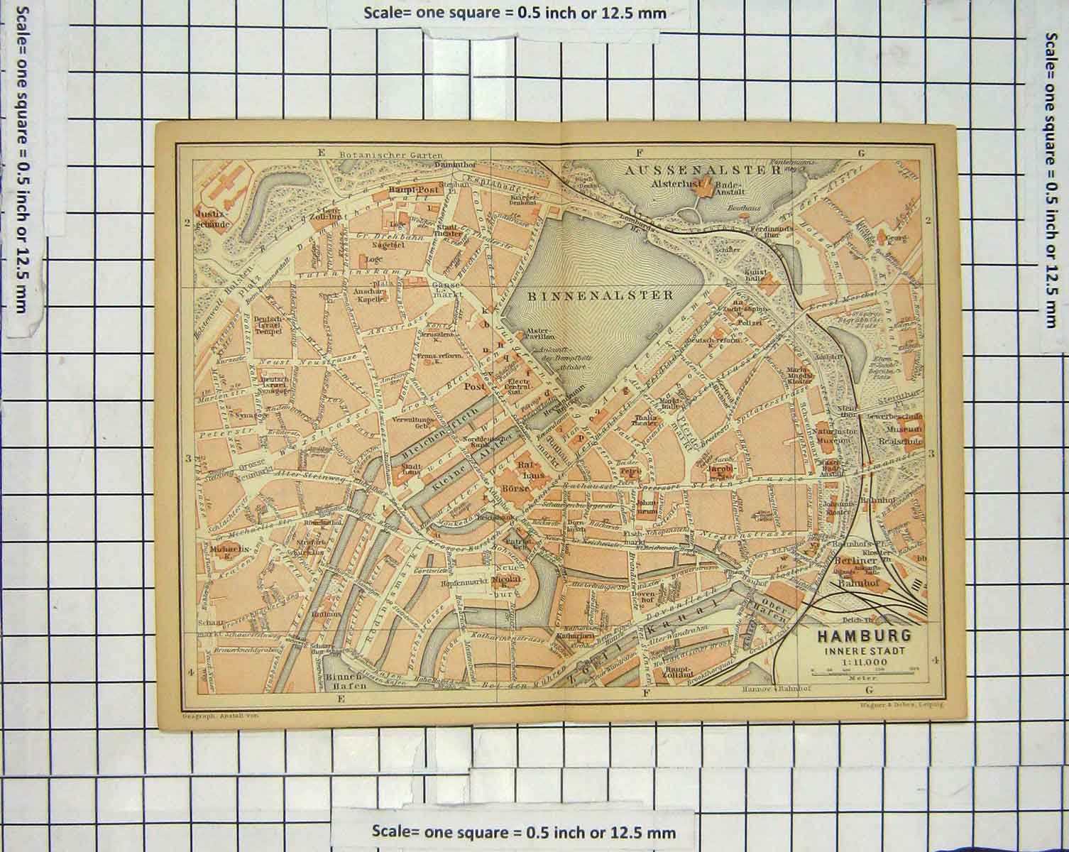 Original Old Antique Print Map Germany Street Plan Hamburg Binnenalster