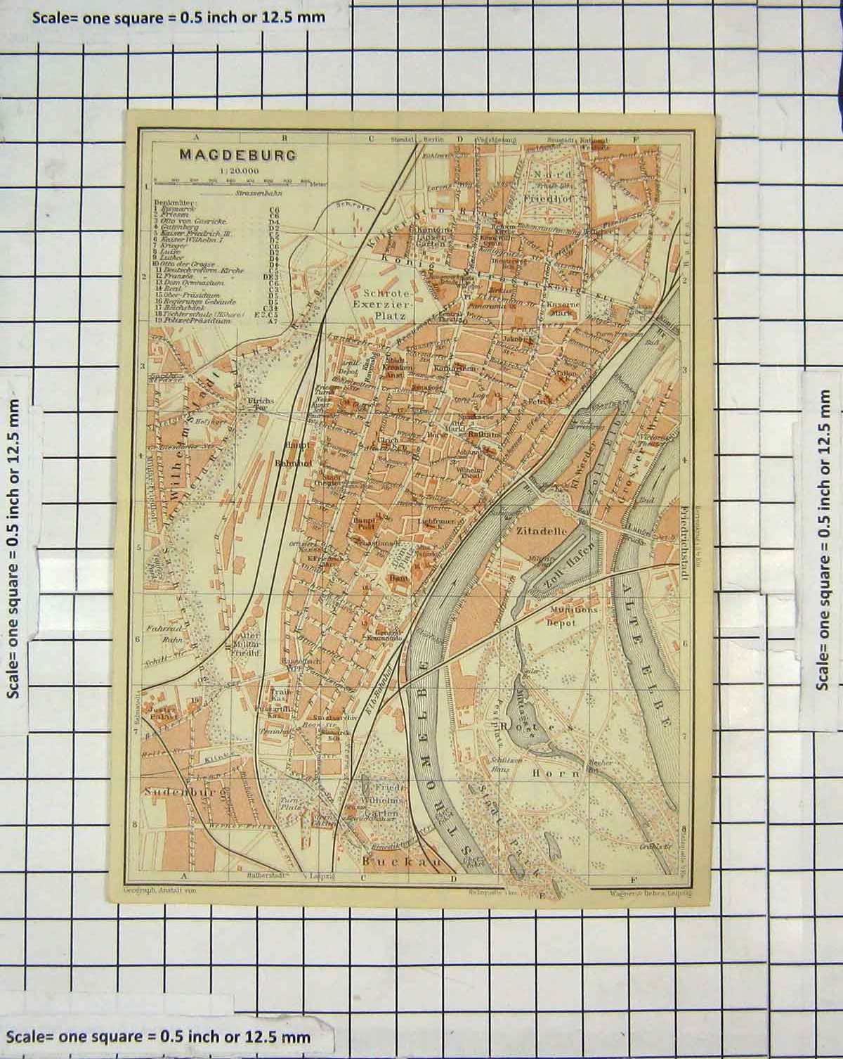 Original Old Antique Print Map Germany Street Plan Magdeburg Alte Strom