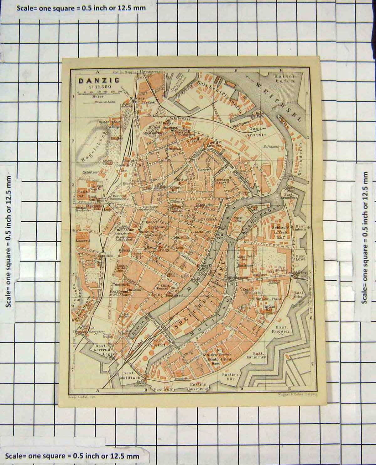 Original Old Antique Print Map Germany Street Plan Danzig Wetchsel River