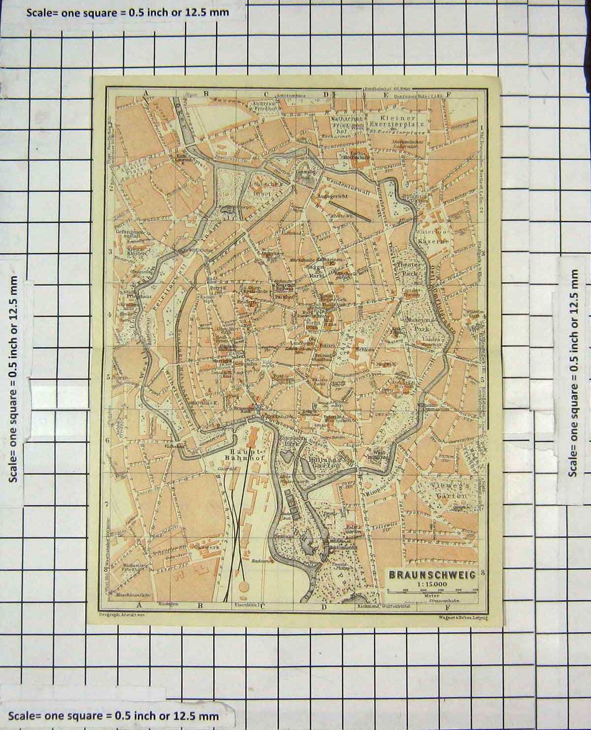 Original Old Antique Print Map Germany Street Plan Braunschweig Hollands