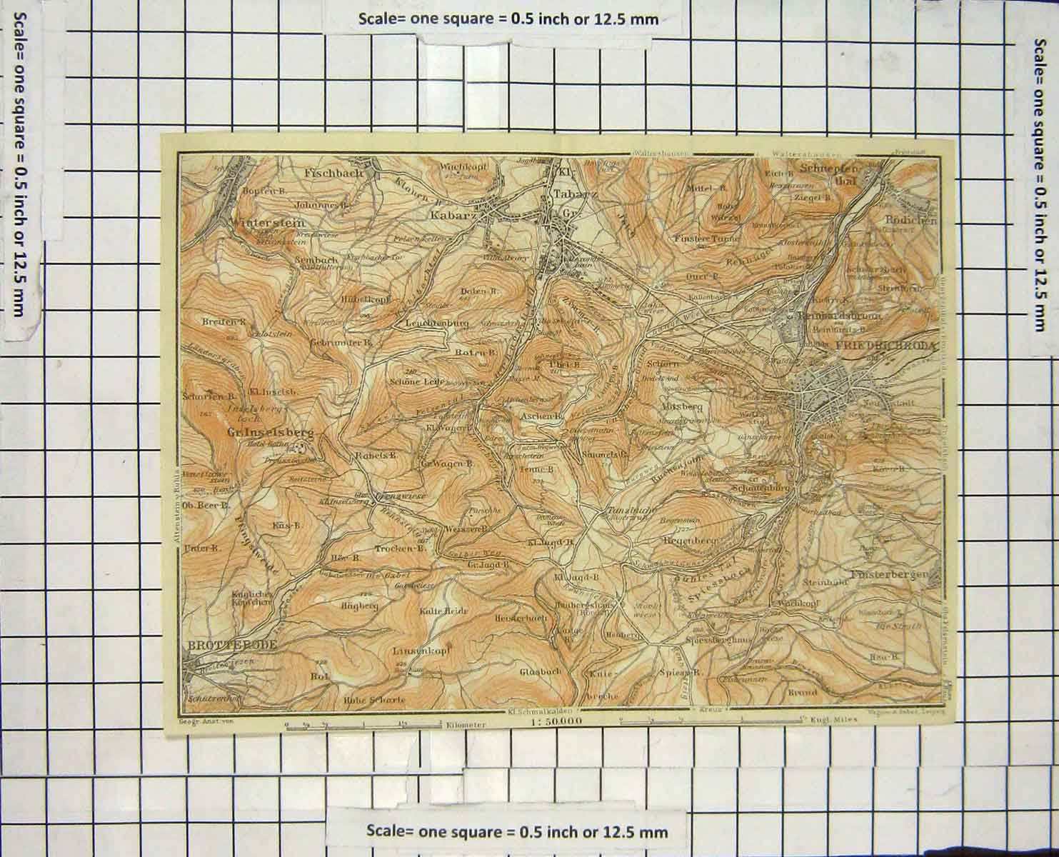 Original Old Antique Print Map Germany Friedrichroda Kabarz Winterstein