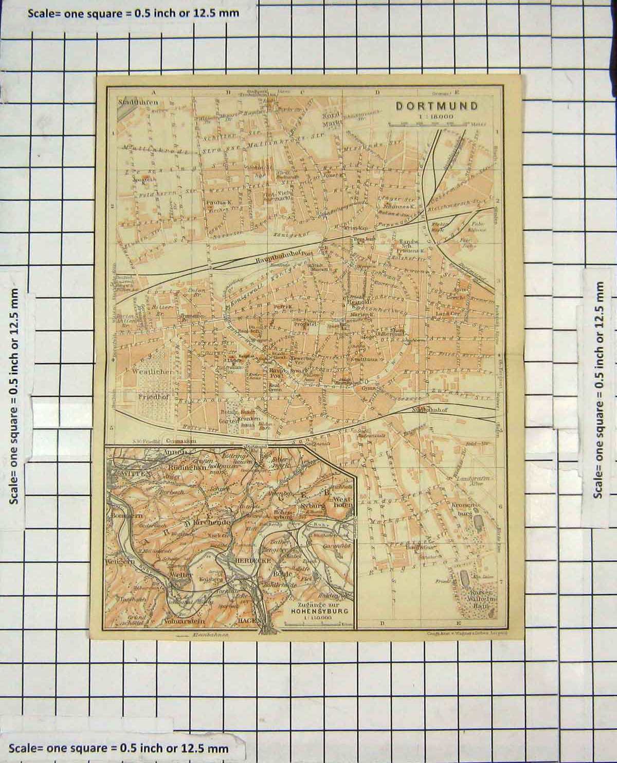 Original Old Antique Print Map Germany Street Plan Dortmund Honensyburg