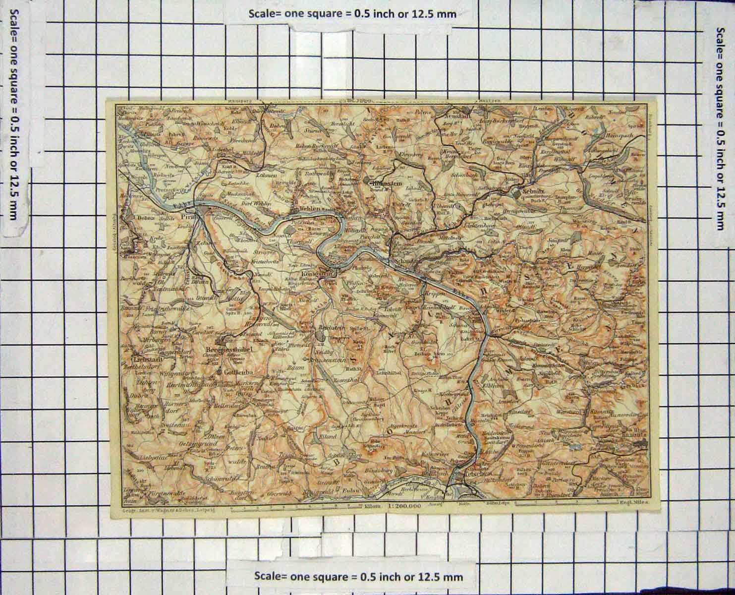 Original Old Antique Print Map Germany Sebnitz Neustadt Pirna River Elbe