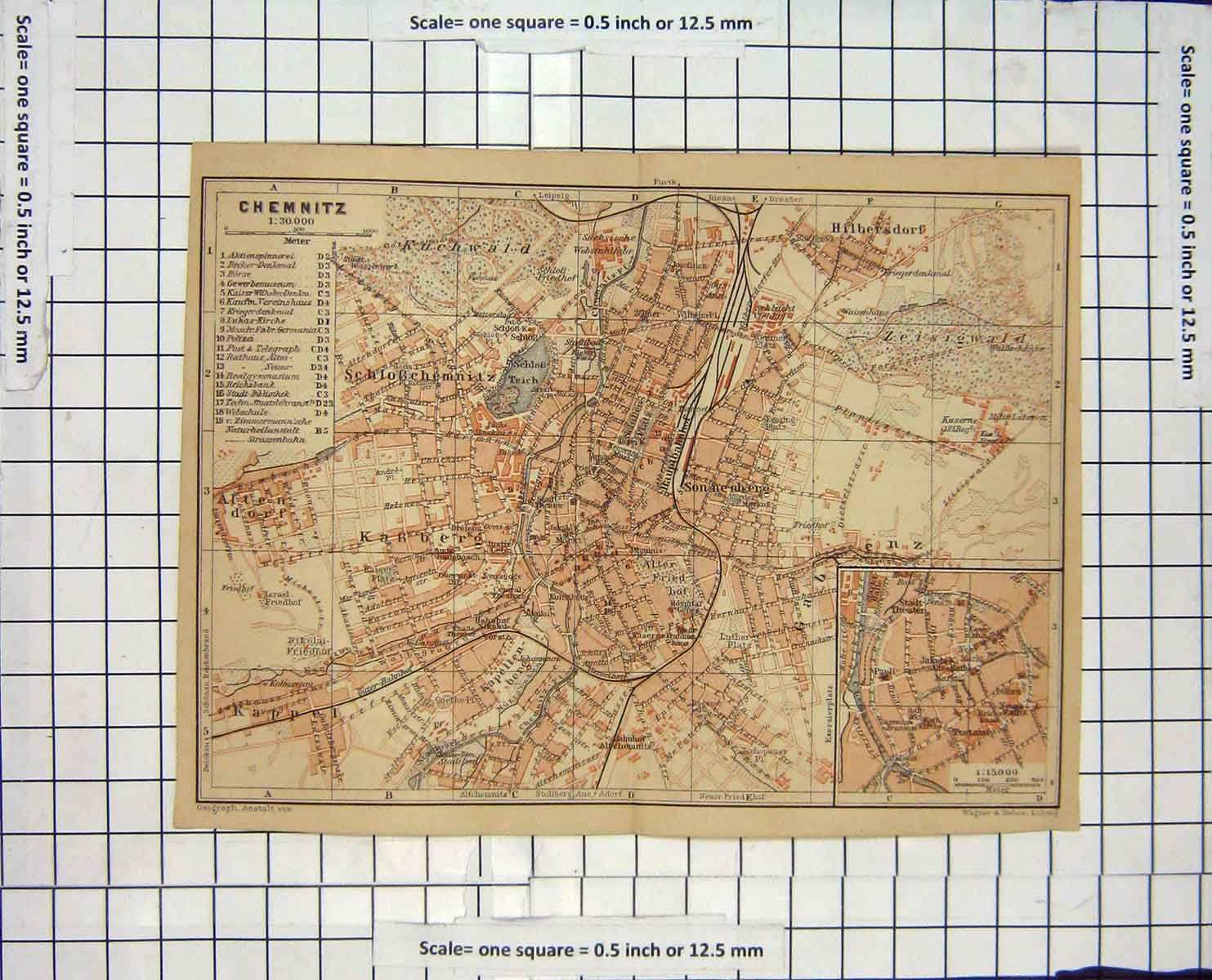 Original Old Antique Print Map Germany Street Plan Chemnitz Sonnenberg