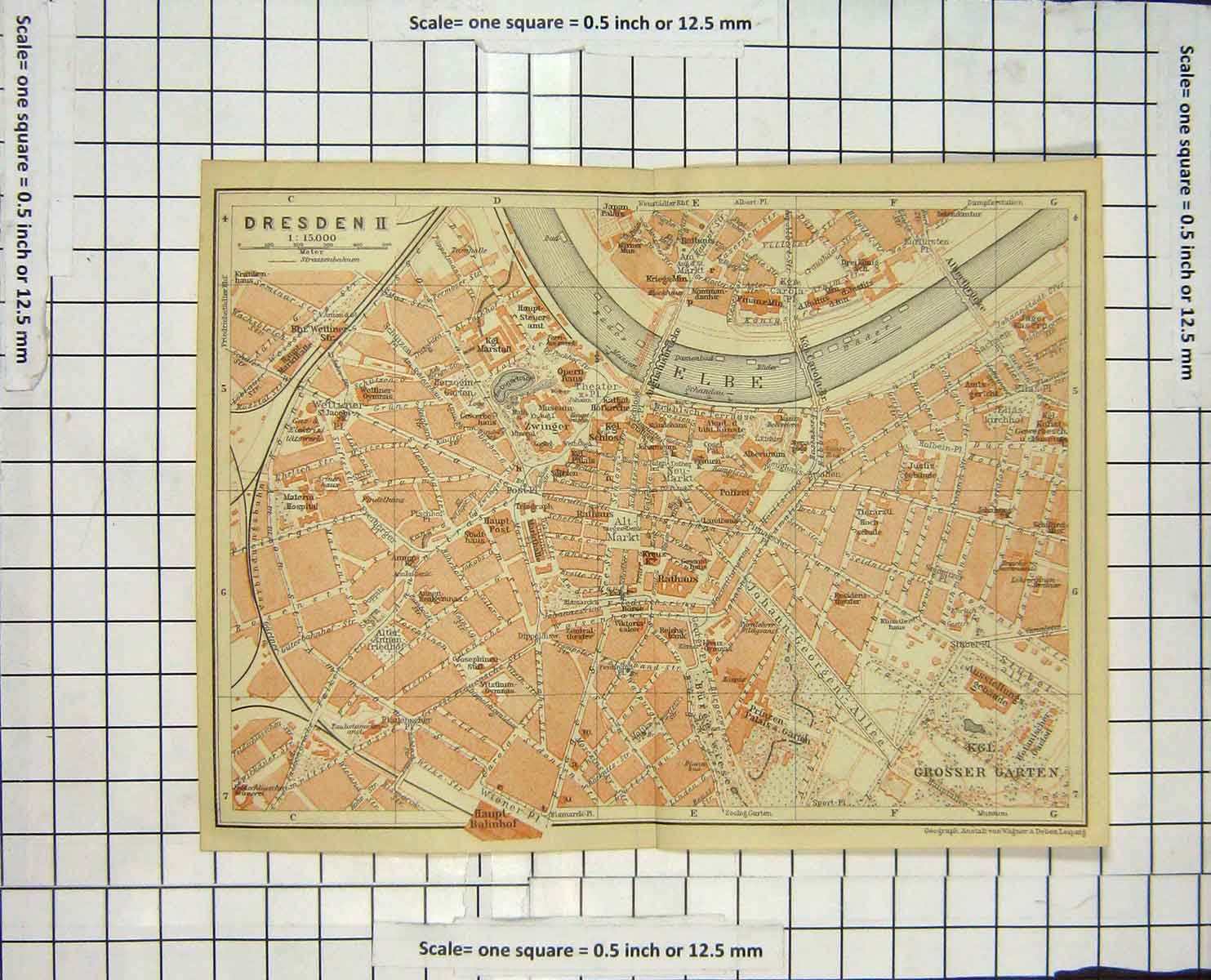 Original Old Antique Print *125 Map Germany Street Plan Dresden River Elbe