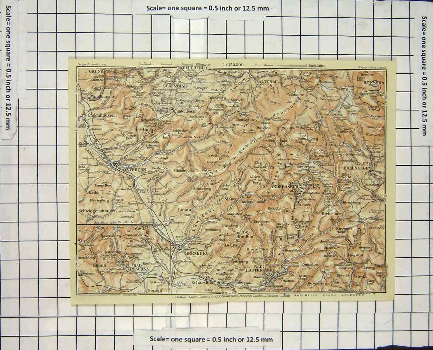 Original Old Antique Print Map Germany Badsachsa Herzberg Braulager