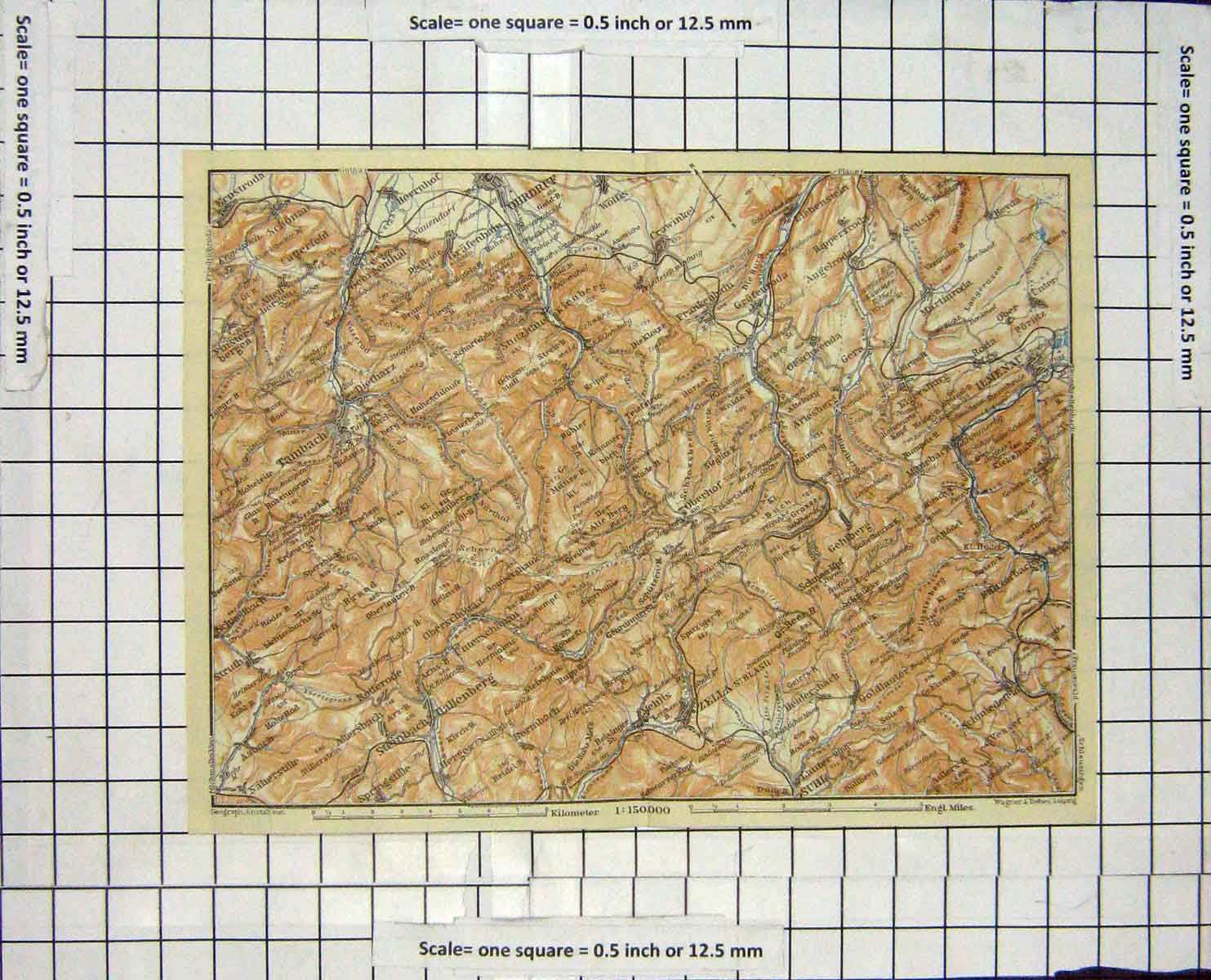 Original Old Antique Print Map Germany Tambach Ilemau Zella Suhl