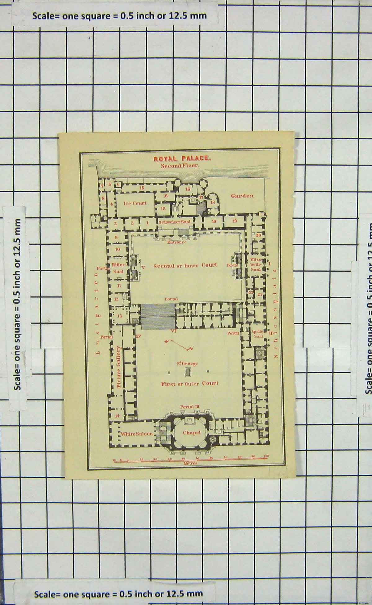 Original Old Antique Print Map Germany Plan Royal Palace Chapel Garden