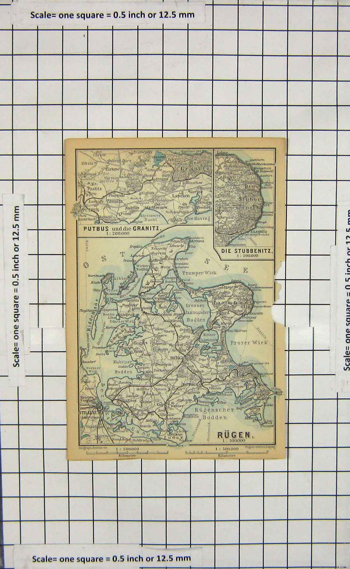 Original Old Antique Print Map Germany Rugen Stubbenitz Granitz Stralsund