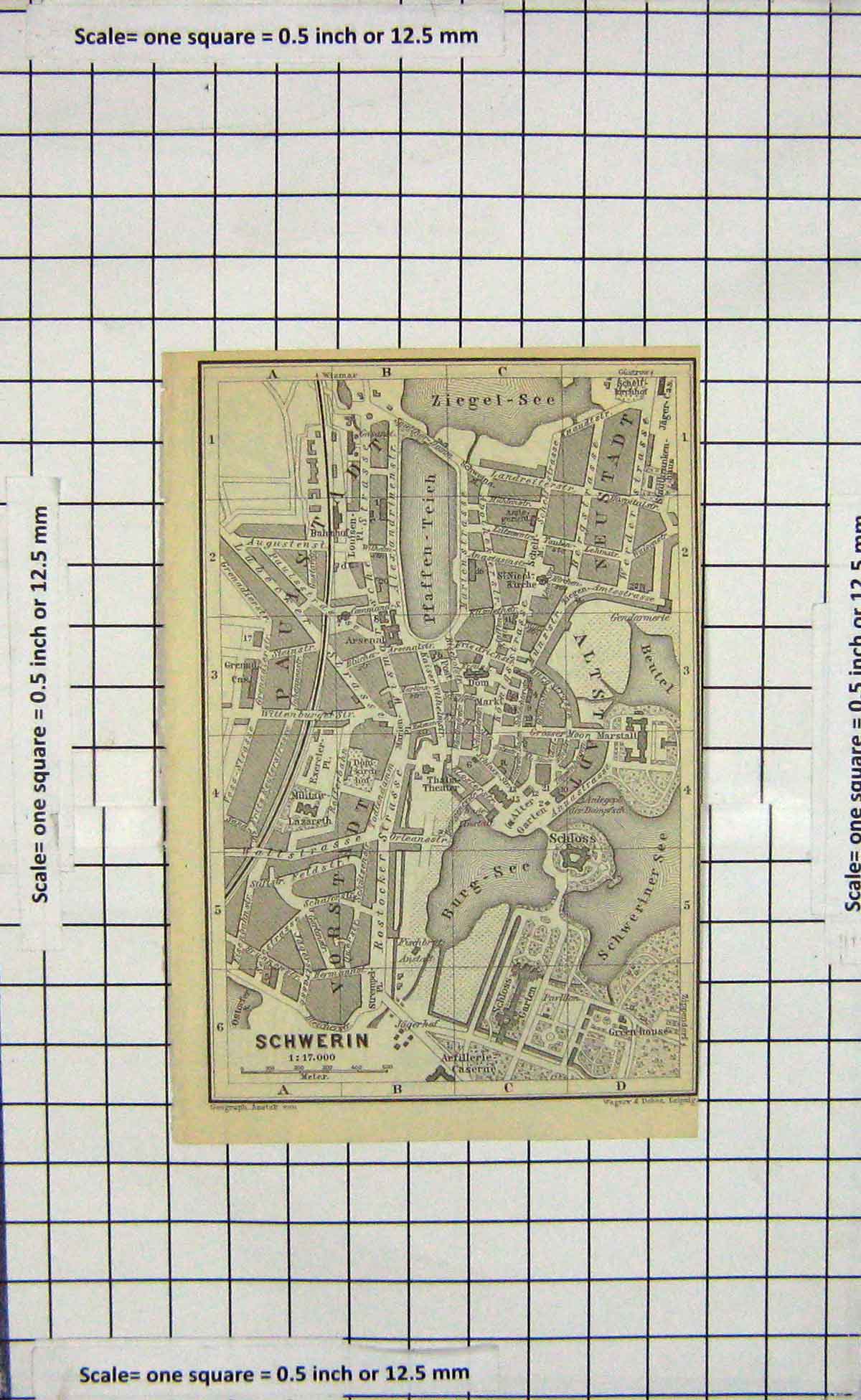 Original Old Antique Print Map Germany Street Plan Schwerin Rostock Warnow