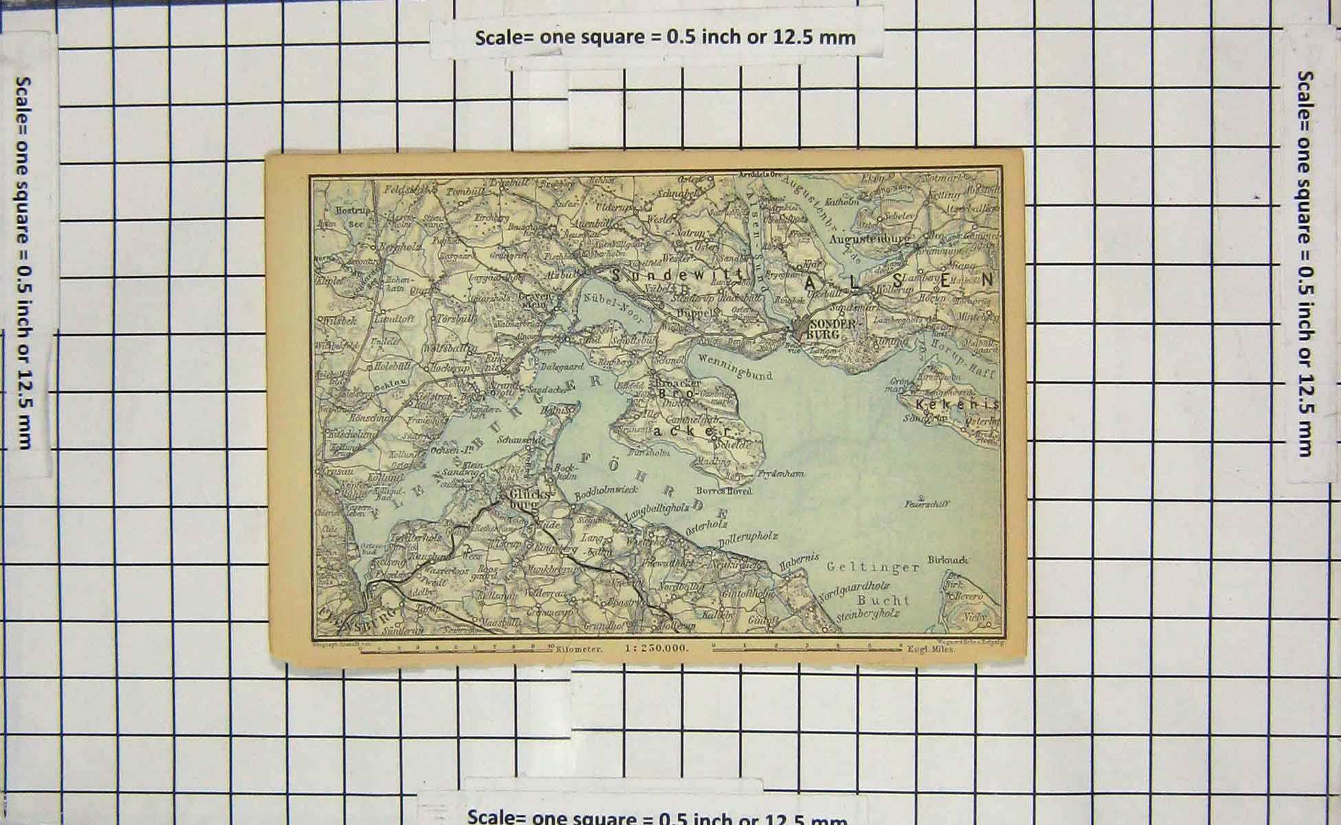 Original Old Antique Print Map Germany Alsen Broacker Kiel Umgebung