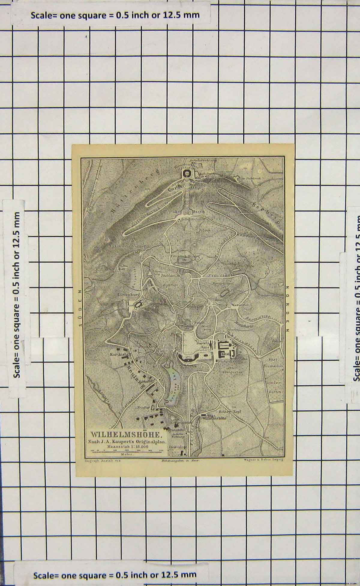 Original Old Antique Print Map Germany Plan Wilhelmshohe Kassel River