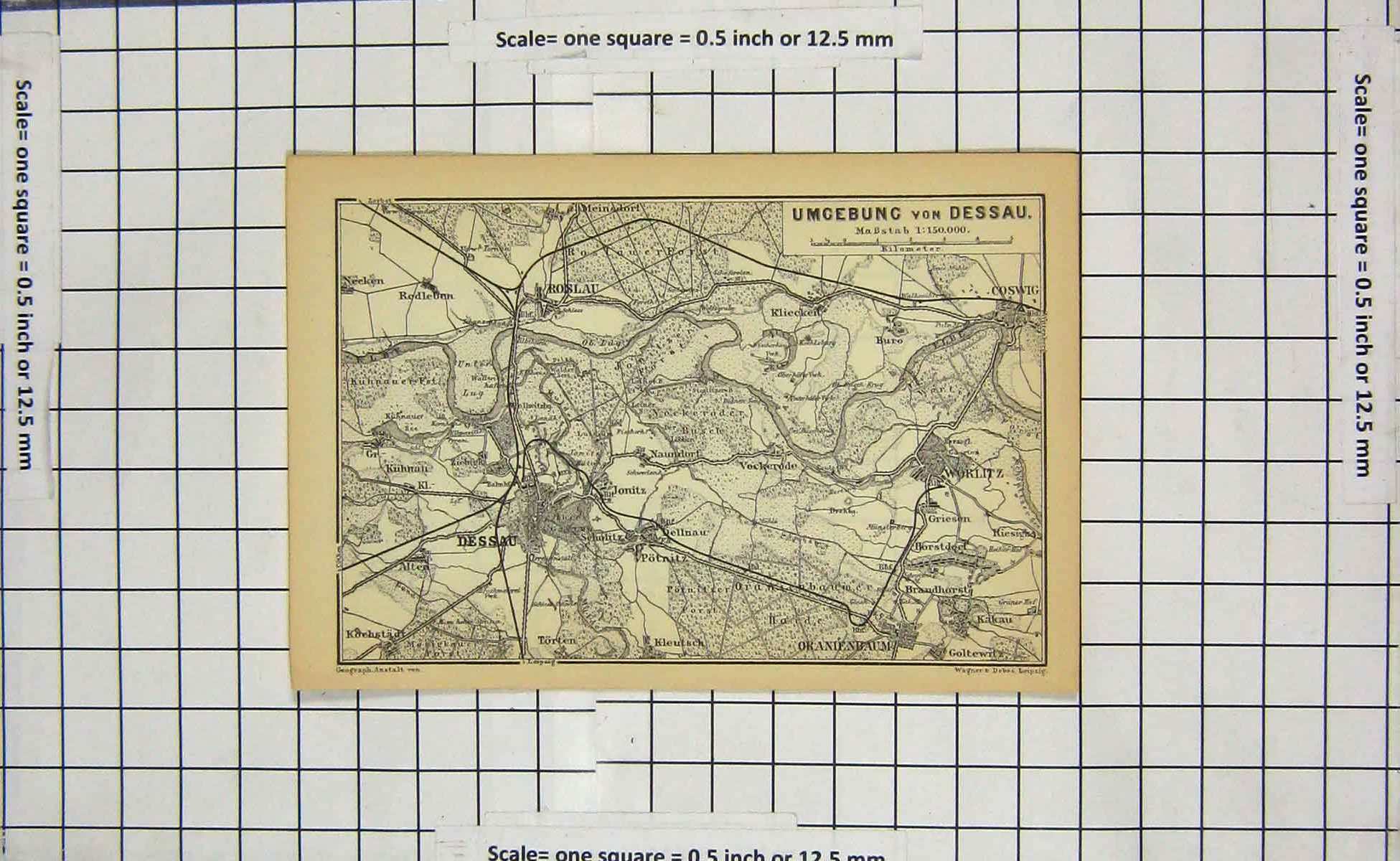 Original Old Antique Print Map Germany Street Plan Umgebung Dessau Worlitz
