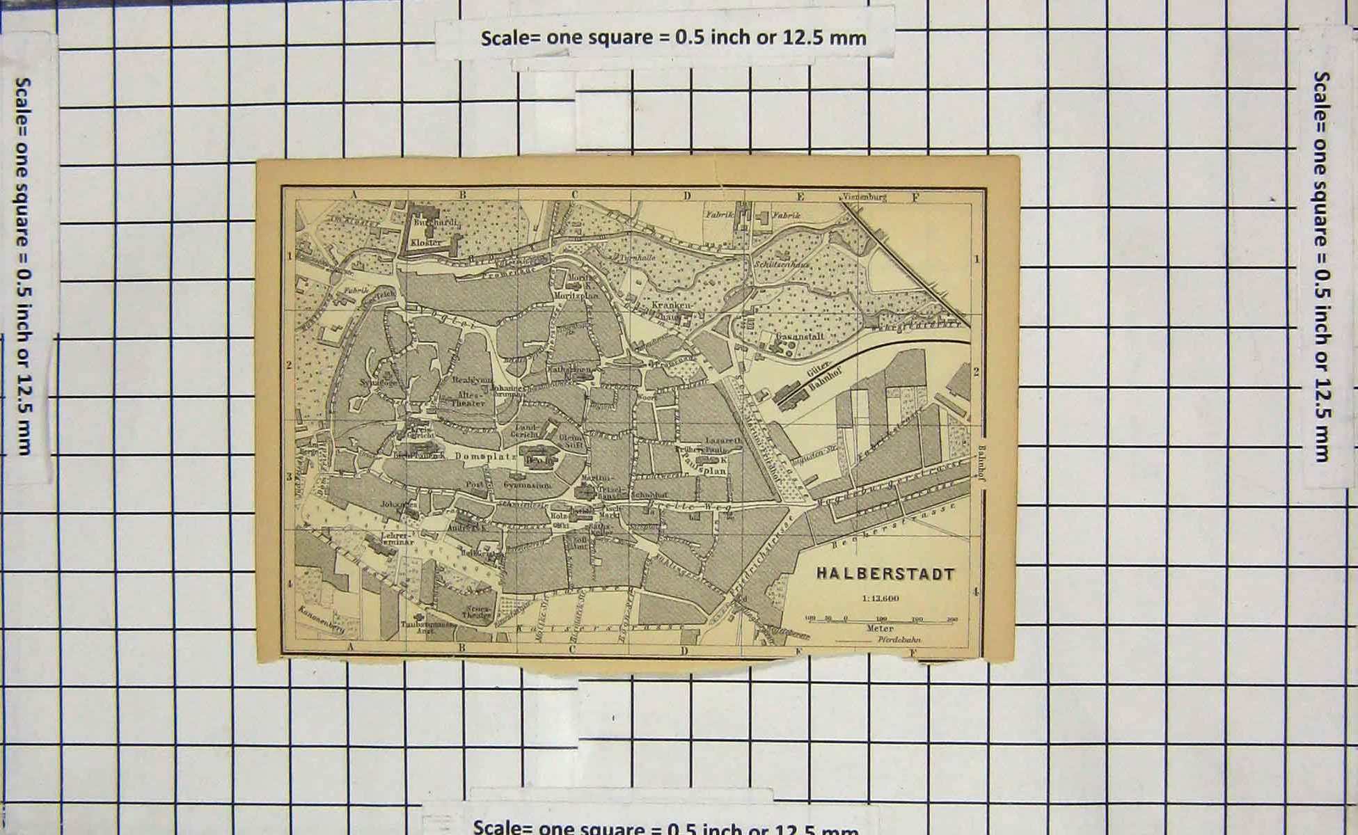 Original Old Antique Print Map Germany Street Plan Halberstadt Domoplatz