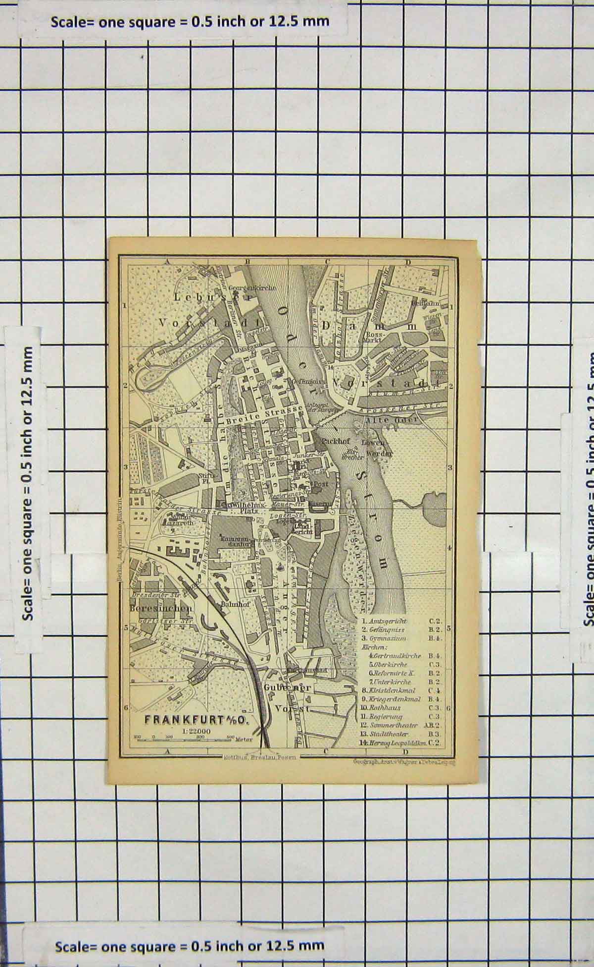 Original Old Antique Print Map Germany Street Plan Frankfurt Oder Strom