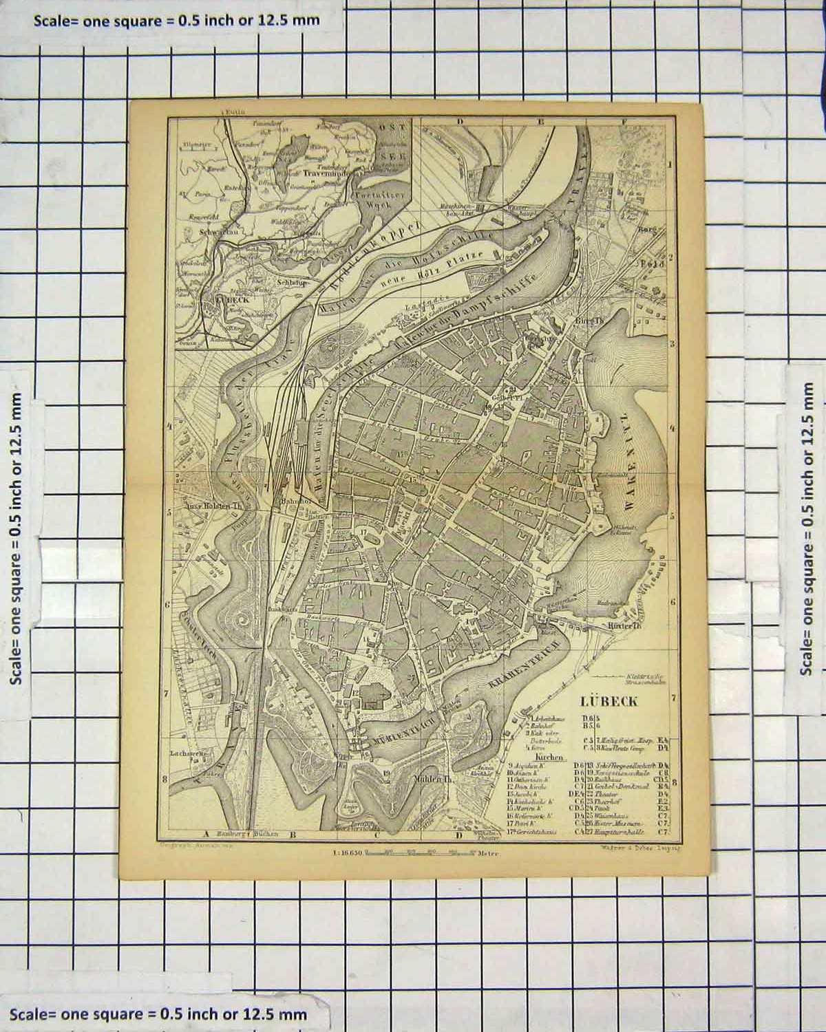 Original Old Antique Print Map Germany Street Plan Lubeck Wakenitz
