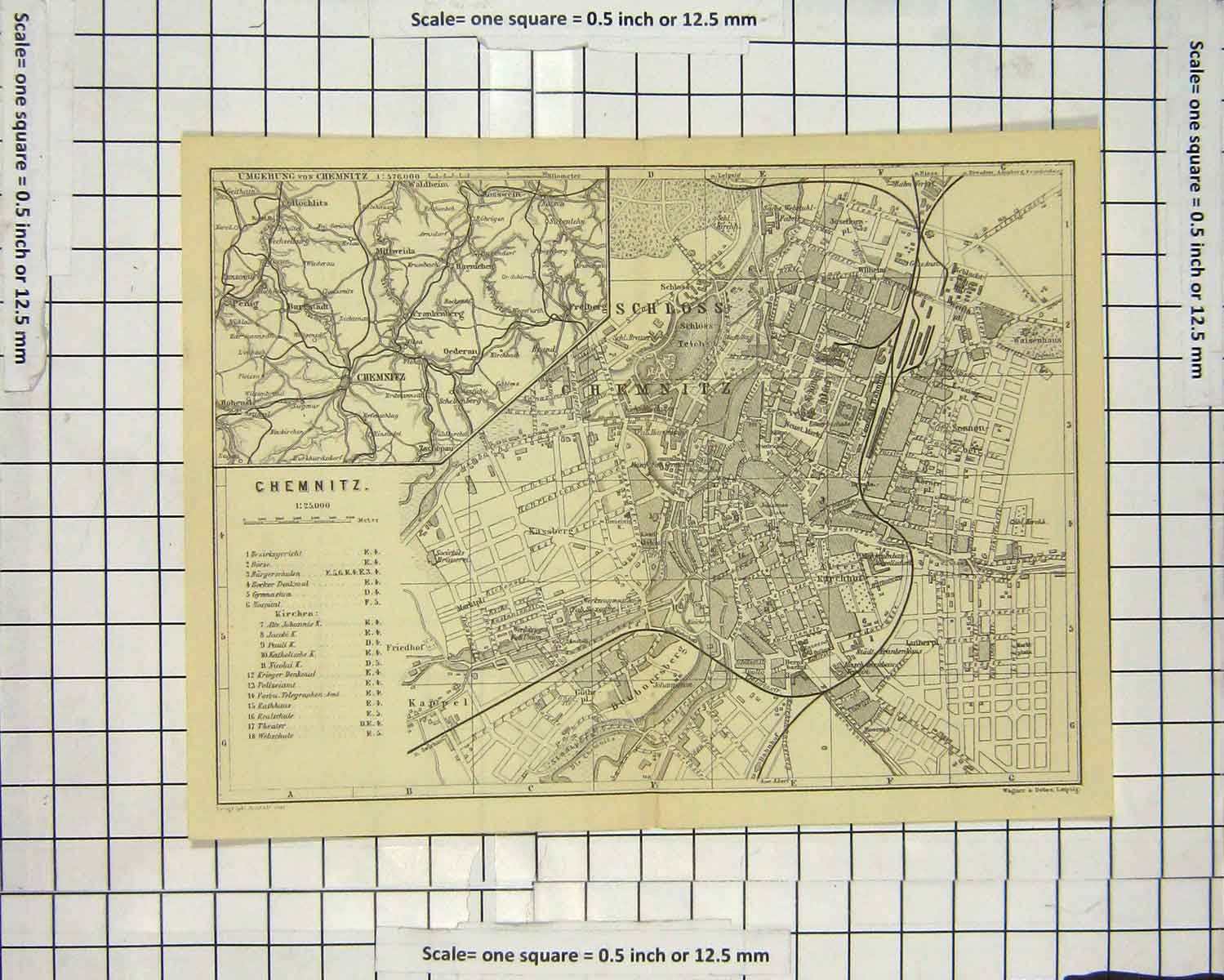 Original Old Antique Print Map Germany Street Plan Chemnitz Schloss