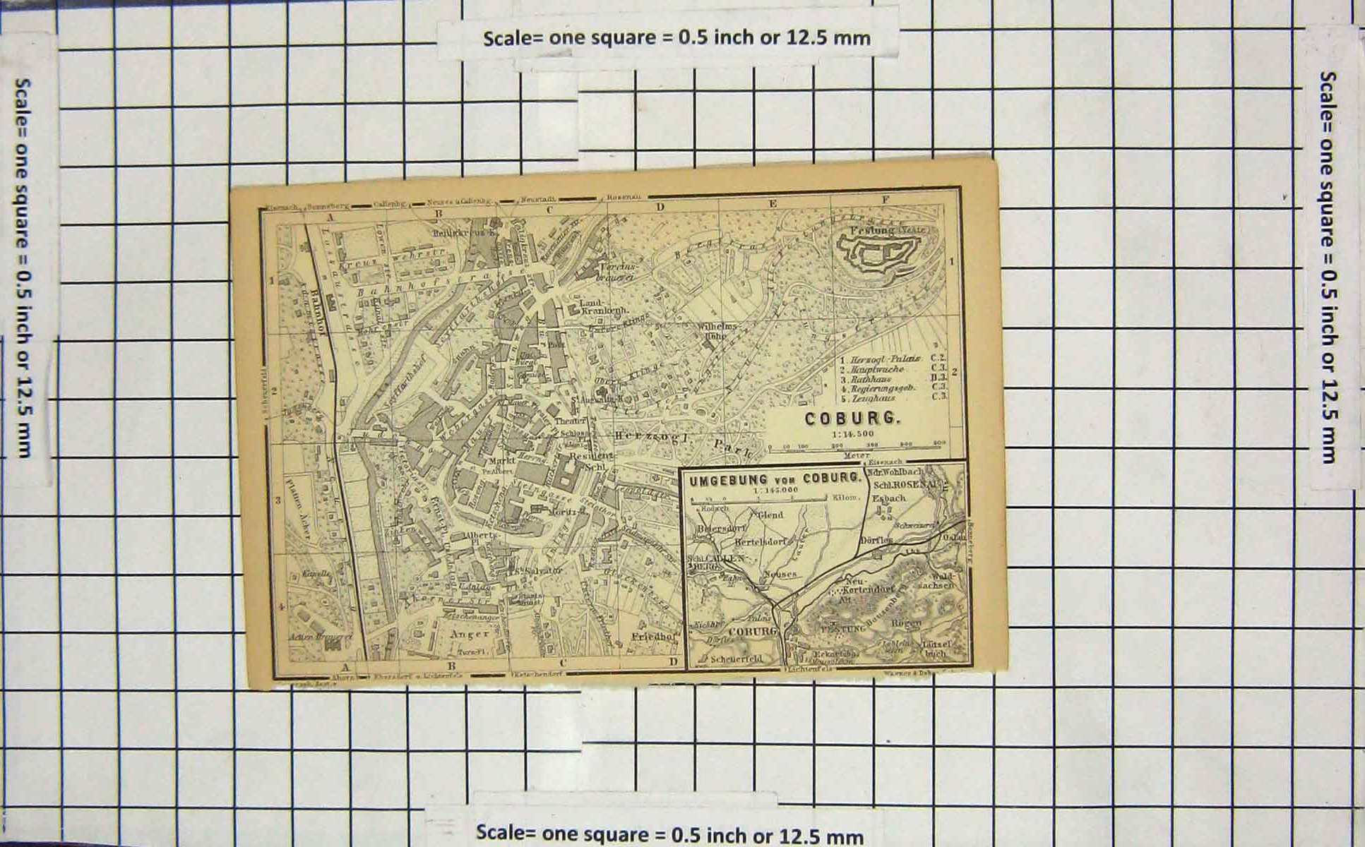 Original Old Antique Print Map Germany Street Plan Coburg Umgebung Festung