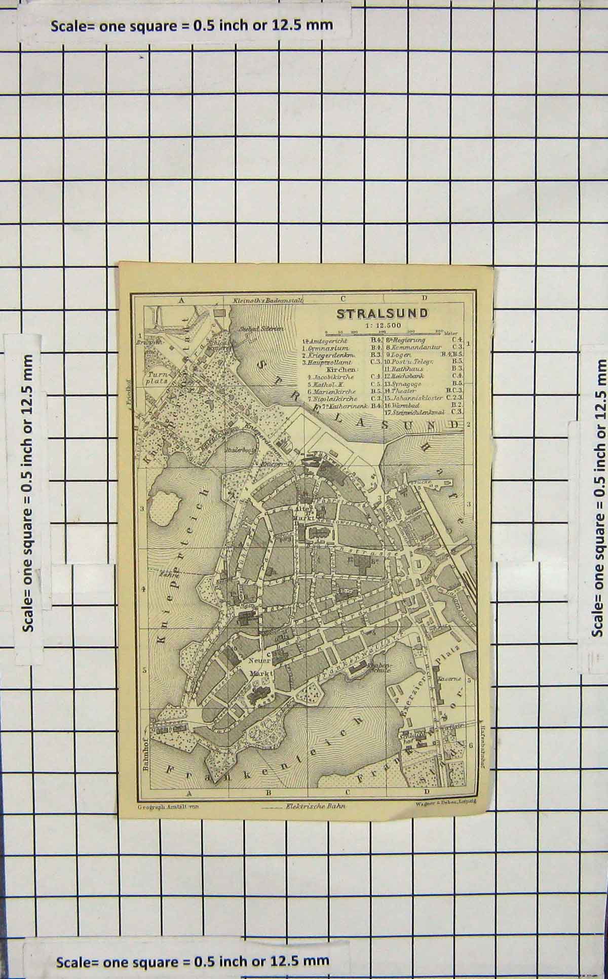 Original Old Antique Print Map Germany Street Plan Stralsund Strelasund