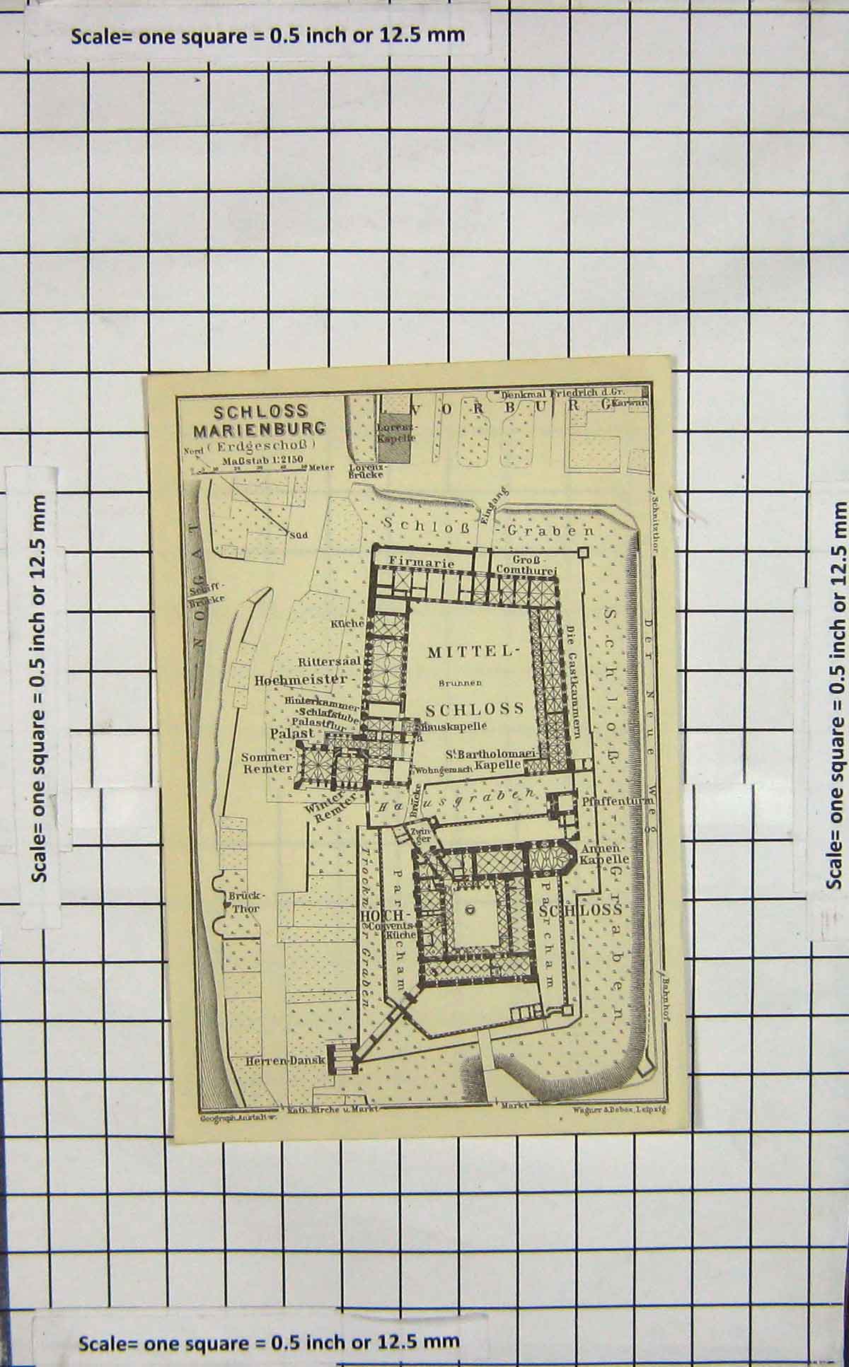 Original Old Antique Print Map Germany Plan Schlos Marienburg Mittel