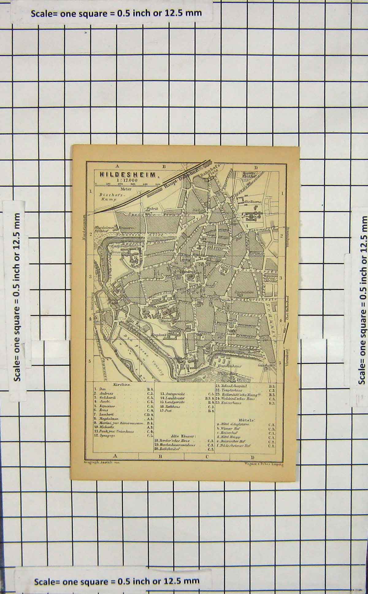 Original Old Antique Print Map Germany Plan Hildesheim Kirchen
