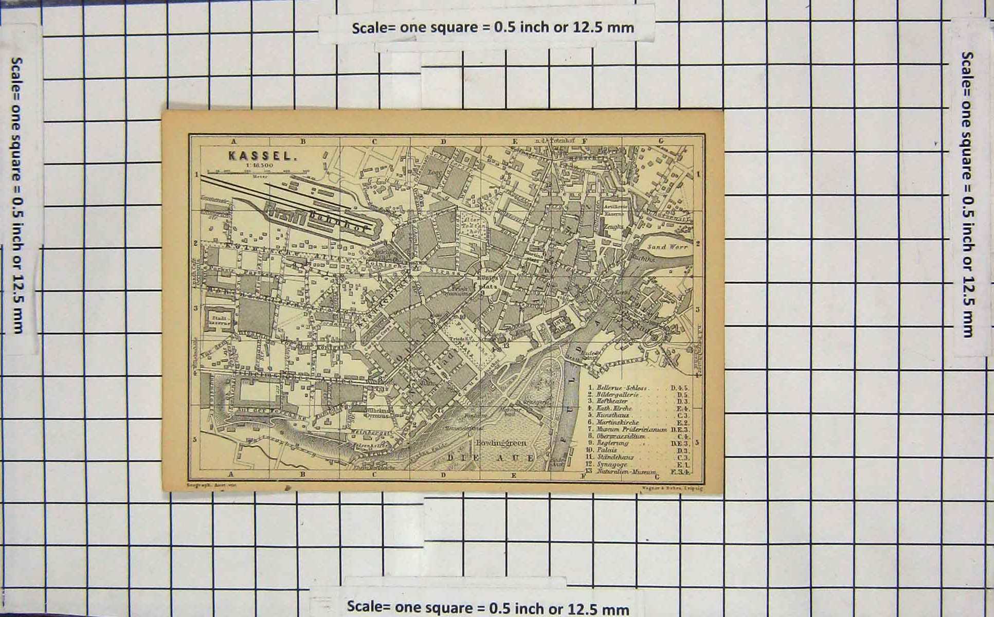 Original Old Antique Print Map Germany Street Plan Kassel Bowling Green