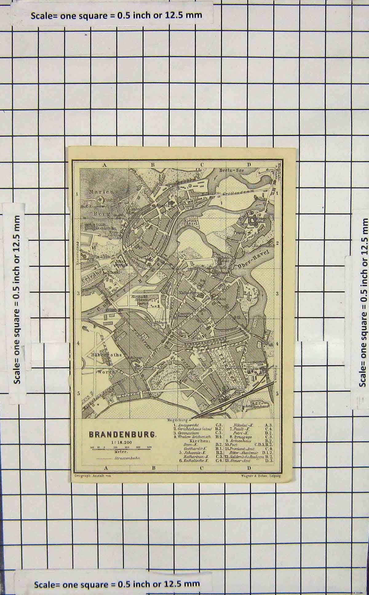 Original Old Antique Print Map Germany Street Plan Brandenburg River