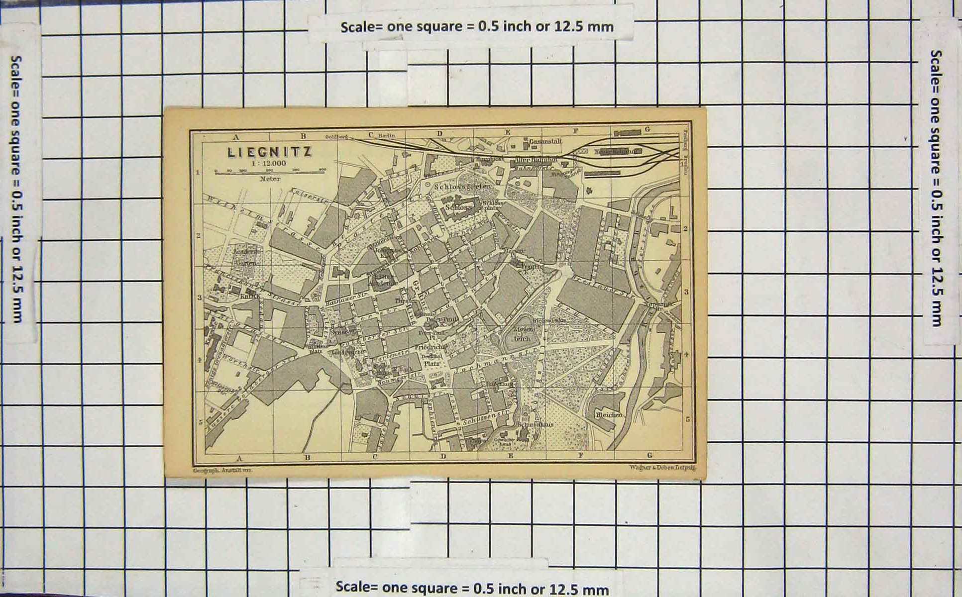 Original Old Antique Print Map Germany Street Plan Liegnitz Schloss Garten