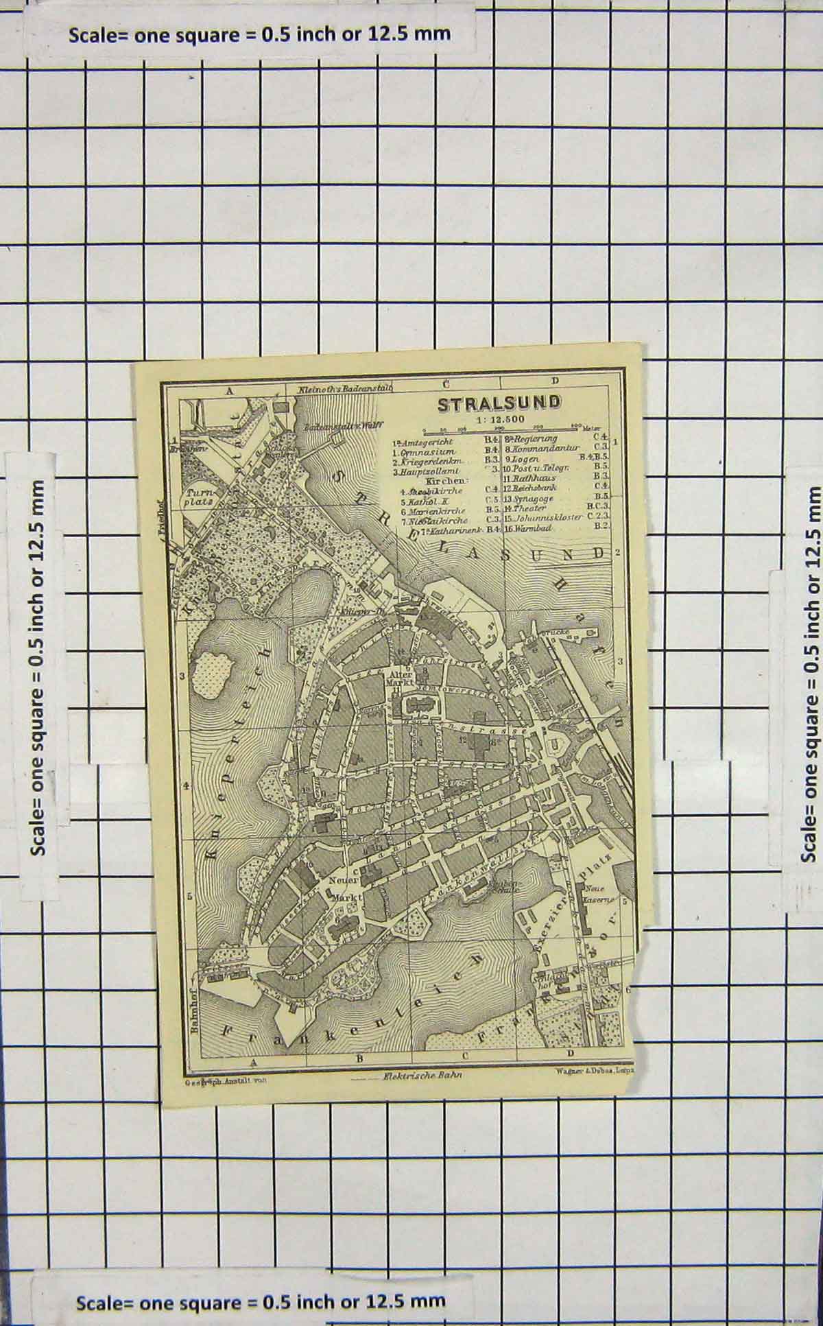 Original Old Antique Print Ref.87 Map Germany Street Plan Stralsund Strelasund