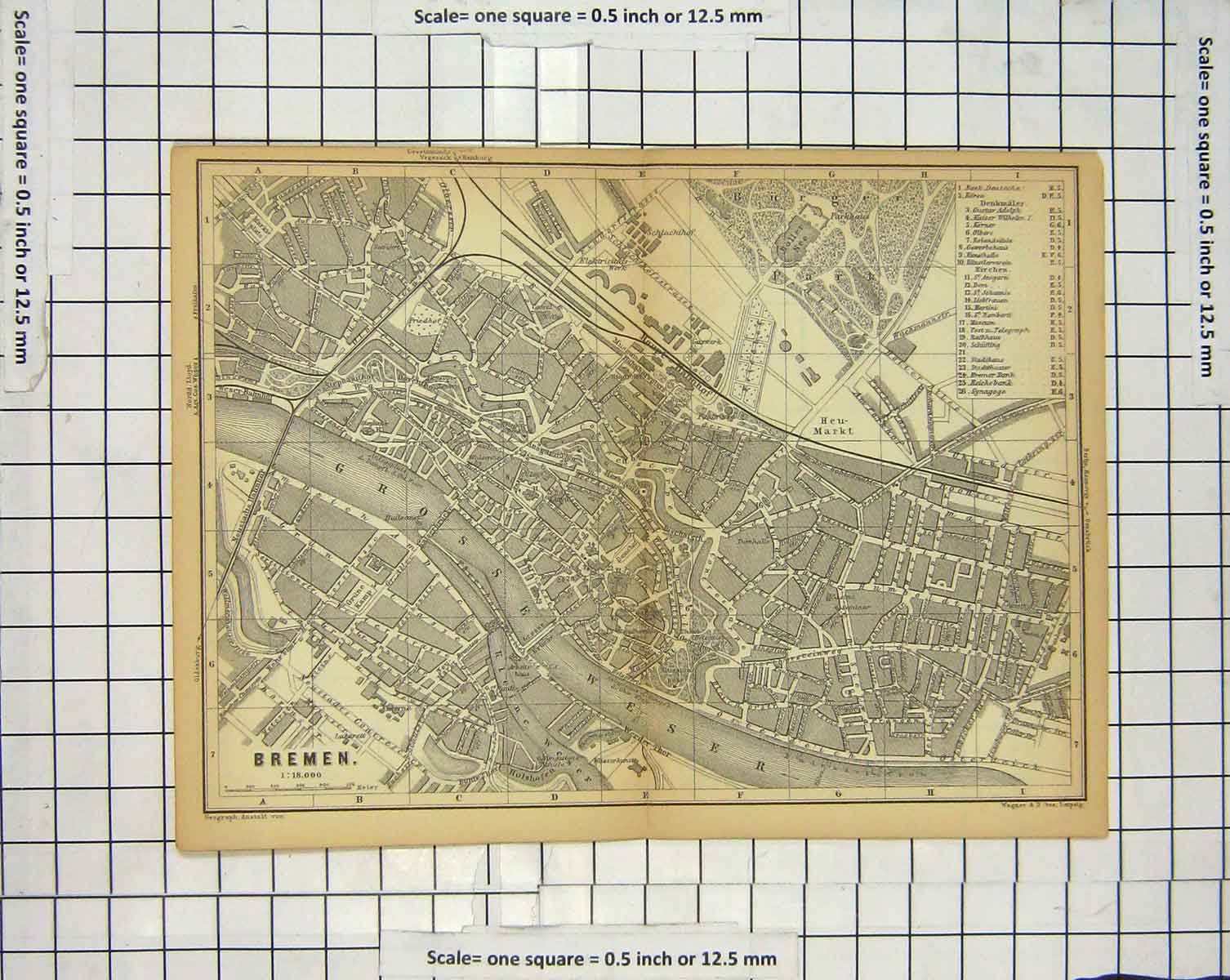 Original Old Antique Print Map Germany Street Plan Bremen Grosse Weser