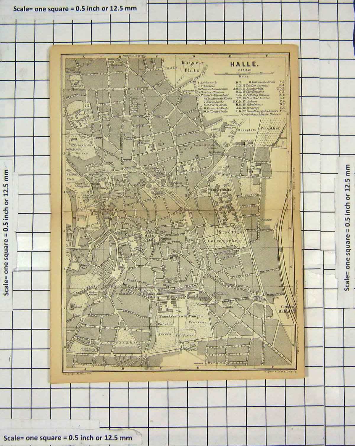 Original Old Antique Print Map Germany Street Plan Halle Kaiser Platz